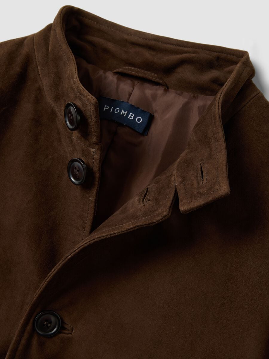 Shacket marrone imbottita in vera pelle con colletto alto regular fit_1