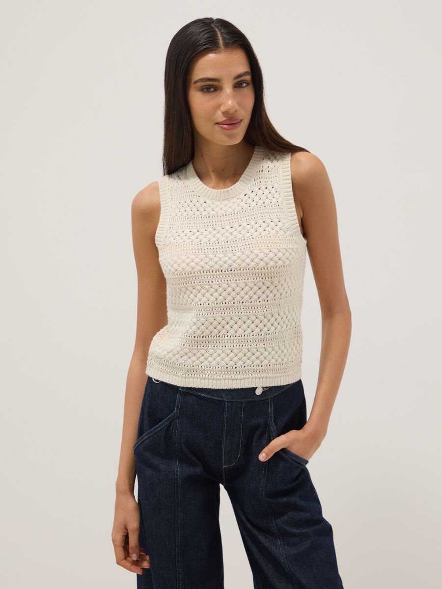 White cotton-blend regular-fit tank top with openwork texture_1