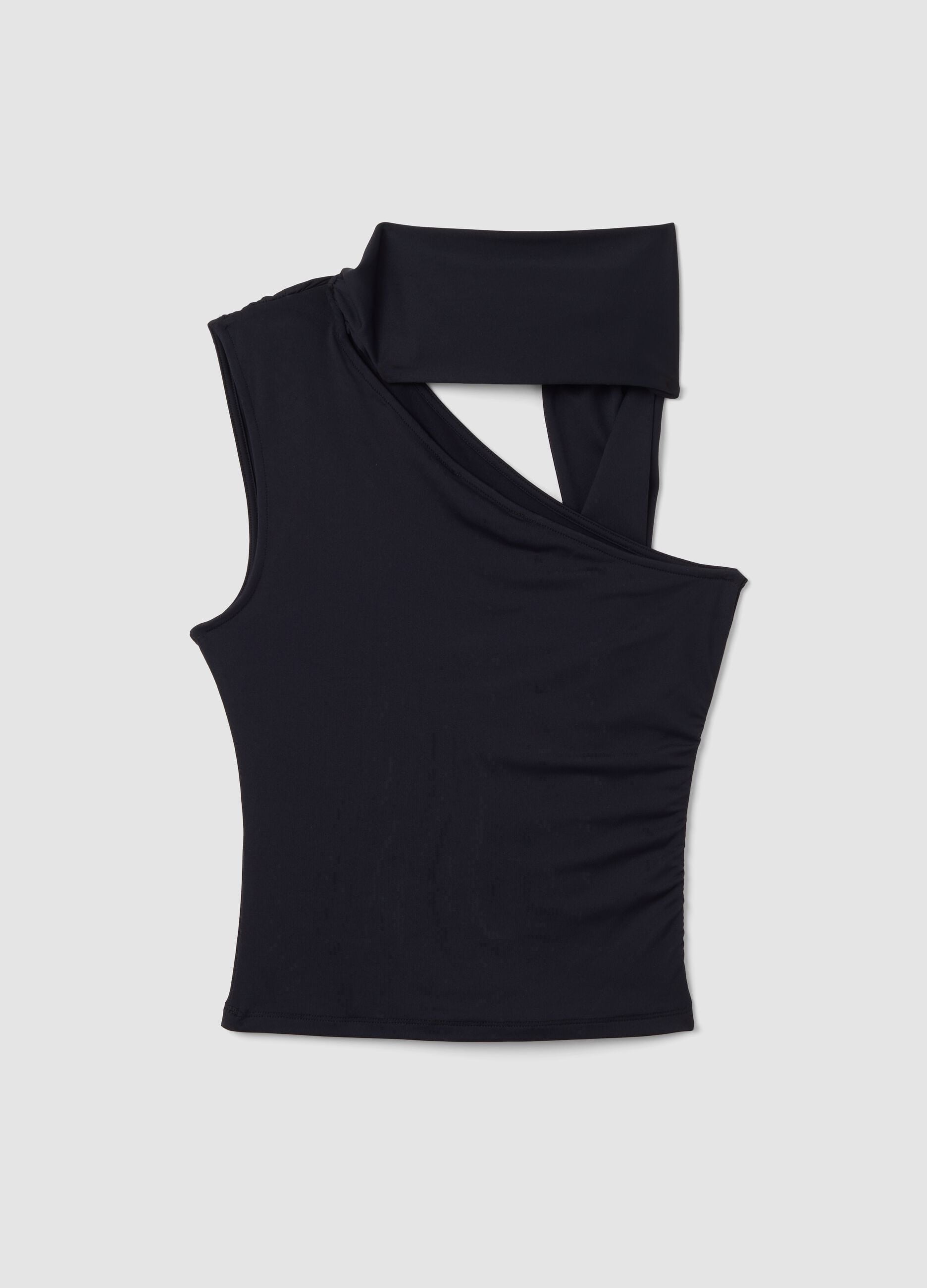 Top nero in tessuto elasticizzato con scollo asimmetrico e fascia drappeggiata