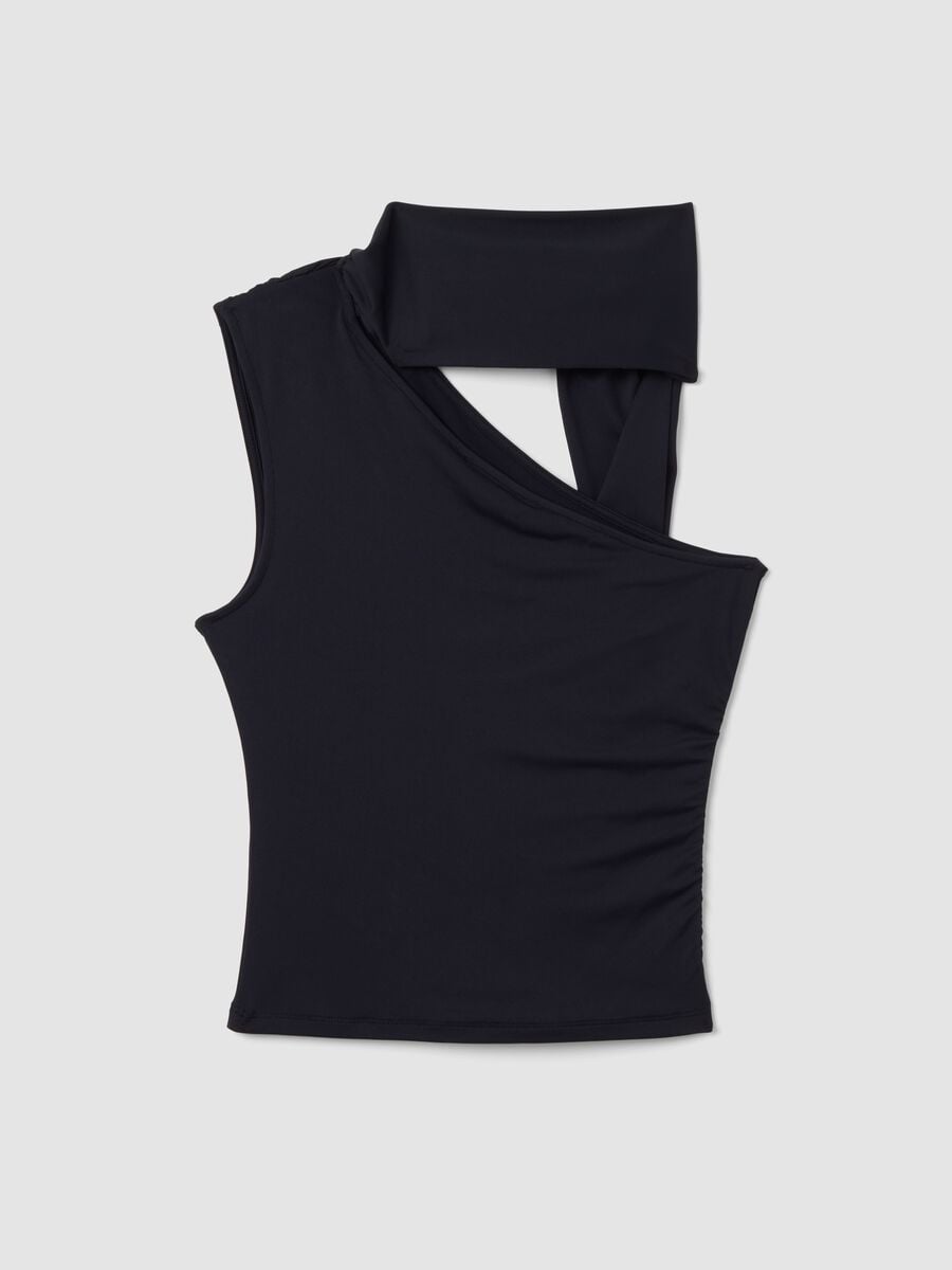 Black stretch-fabric top with asymmetric neckline and draped band_1