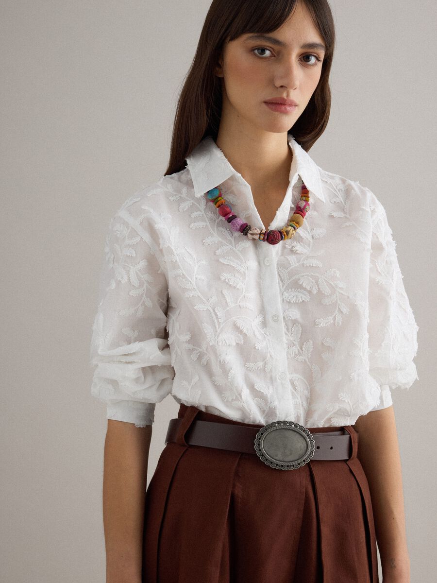 White oversized pure cotton shirt with floral embroidery_0
