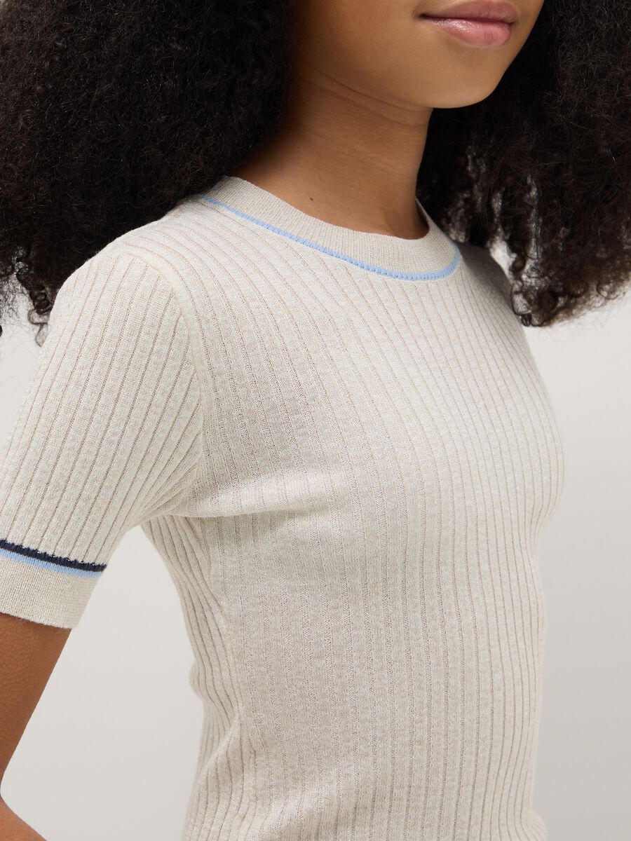 Girls' beige striped slim fit T-shirt_2