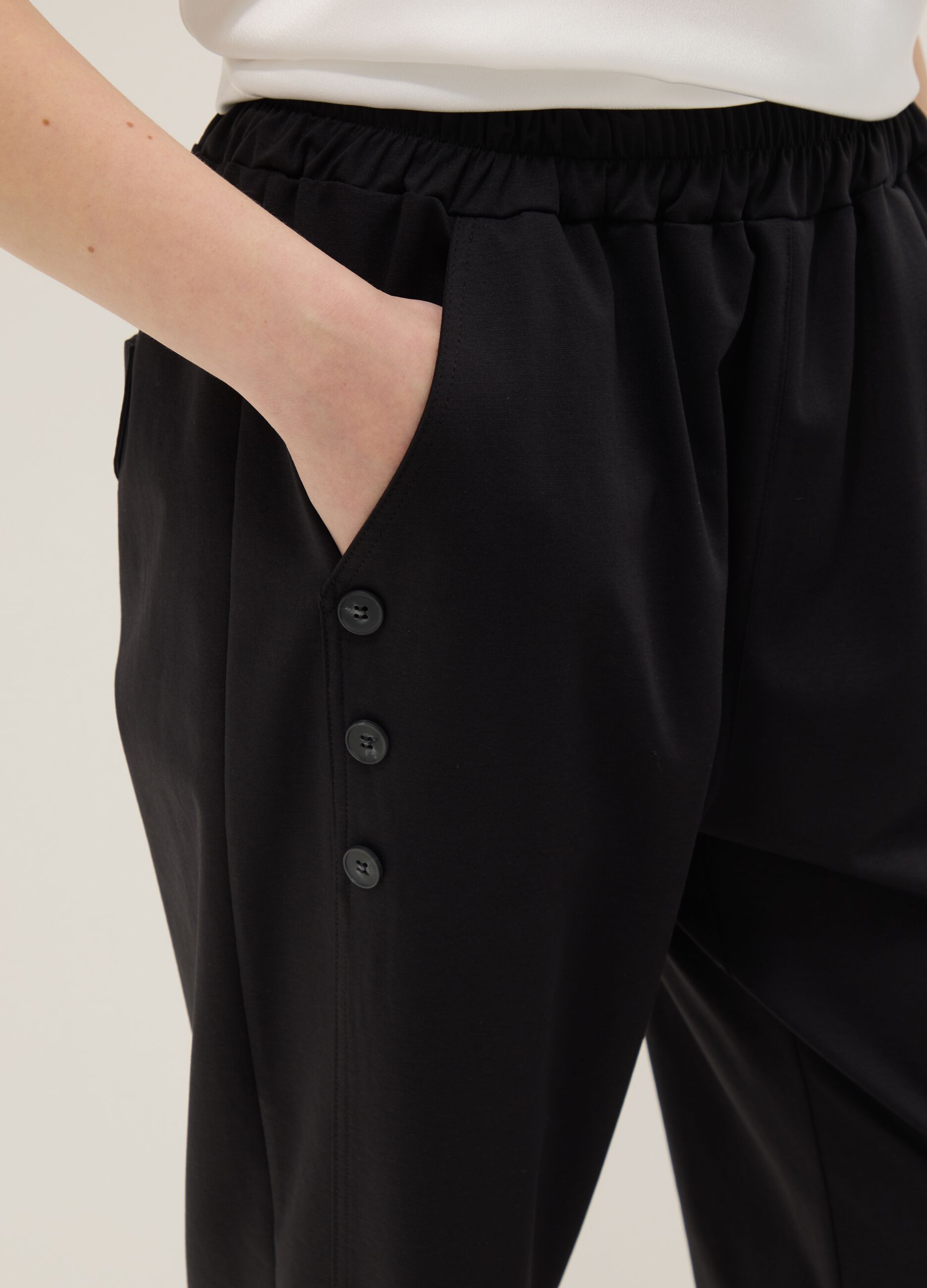 Black regular-fit stretch cotton-blend trousers with buttons