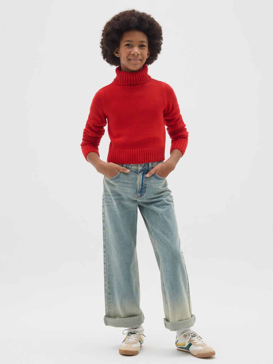 Jeans a gamba larga blu da ragazze in puro cotone denim_0