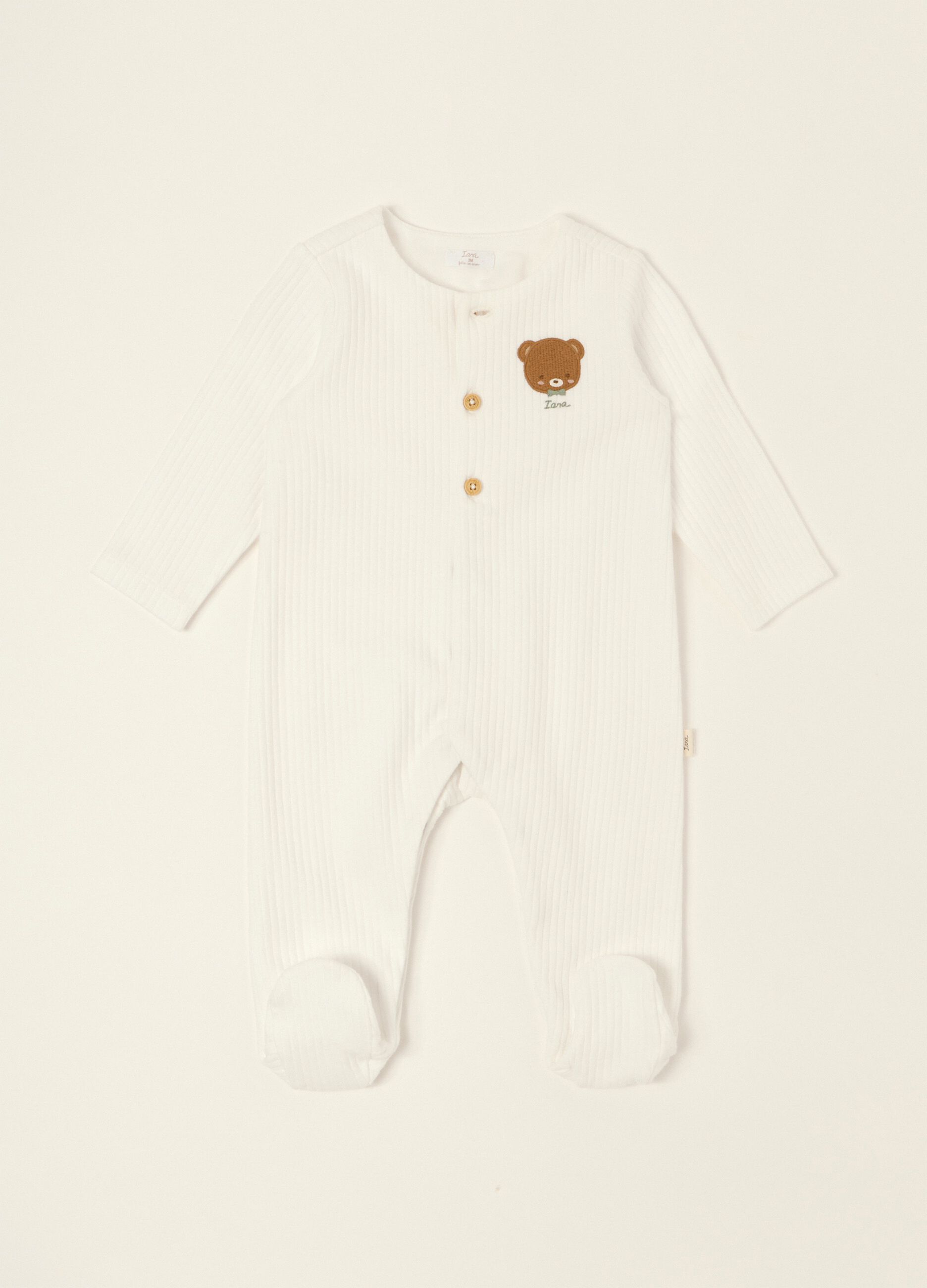 White ribbed pure cotton baby sleepsuit with teddy bear embroidery