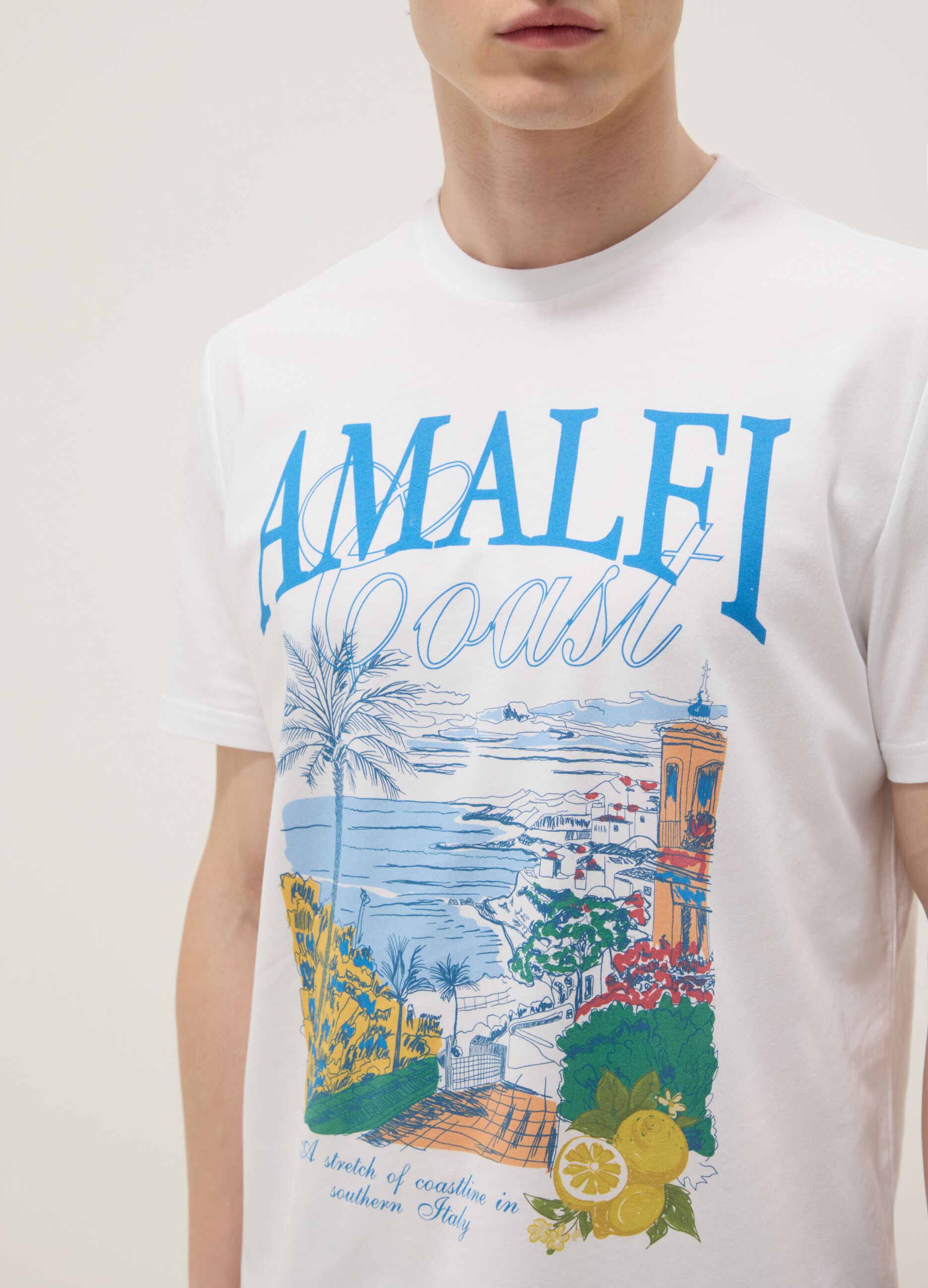 White pure cotton T-shirt with print, regular fit