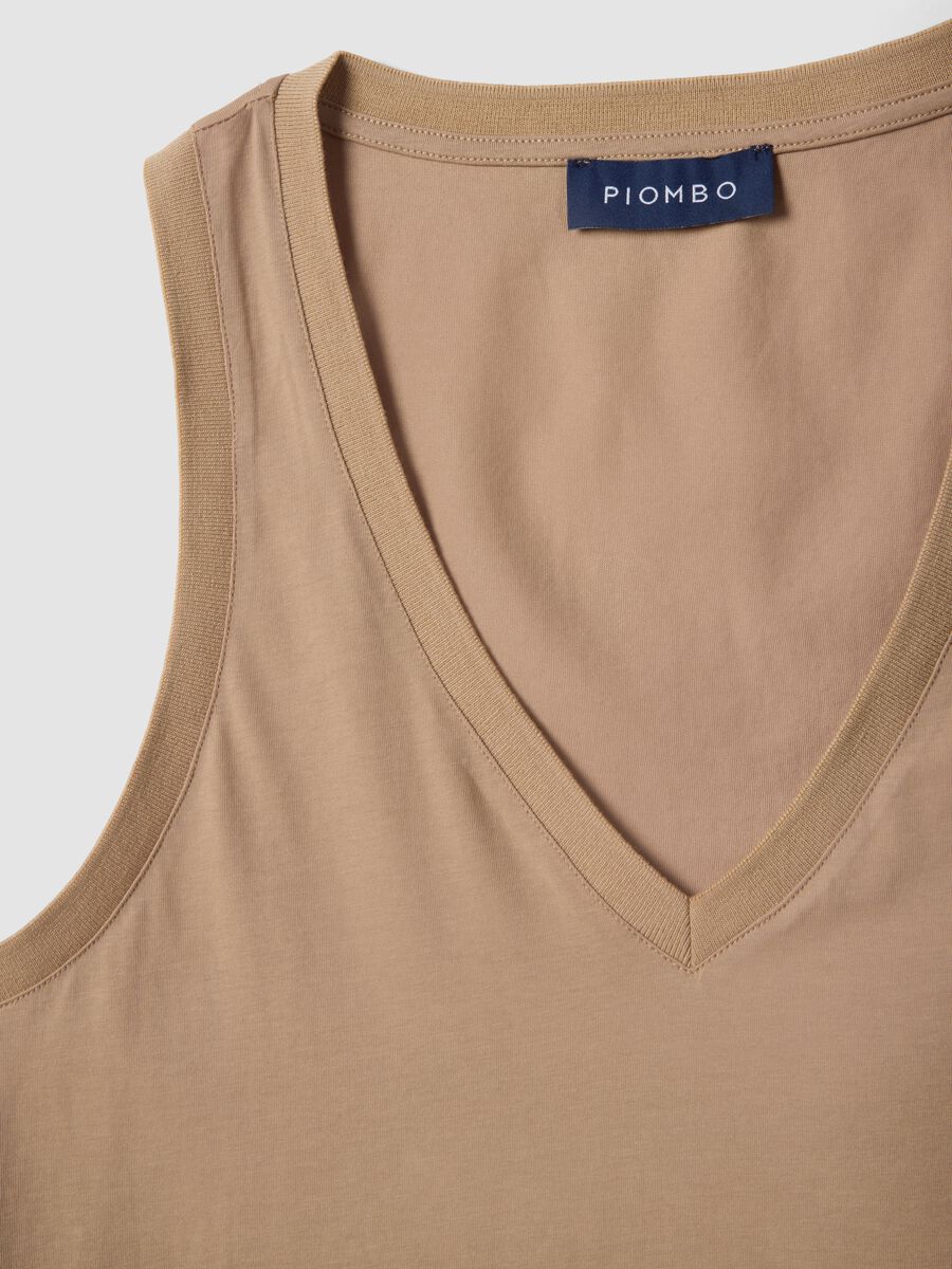 Beige cotton blend regular fit V-neck tank top_5
