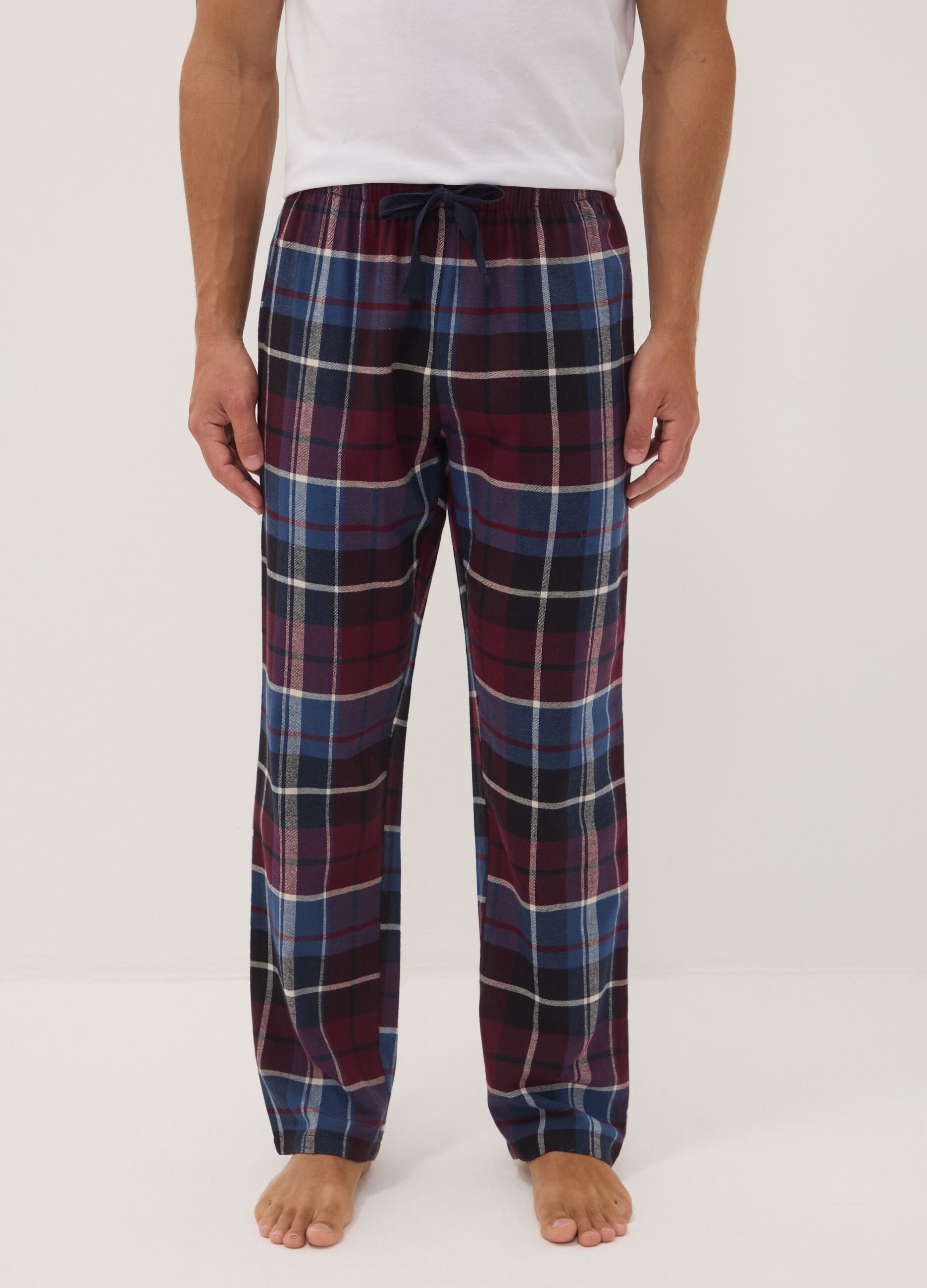 Pantaloni pigiama rossi e blu in flanella di puro cotone organico a quadri