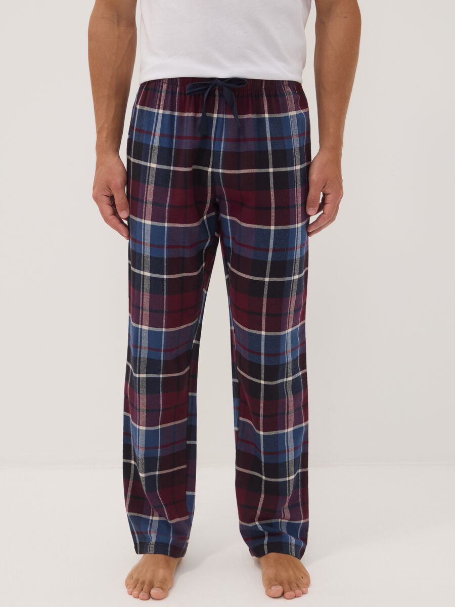 Pantaloni pigiama rossi e blu in flanella di puro cotone organico a quadri_1