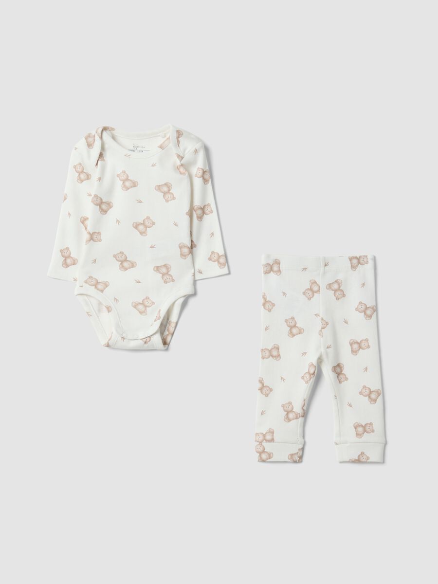 Set bianco in puro cotone organico con body e leggings stampati per neonati_0