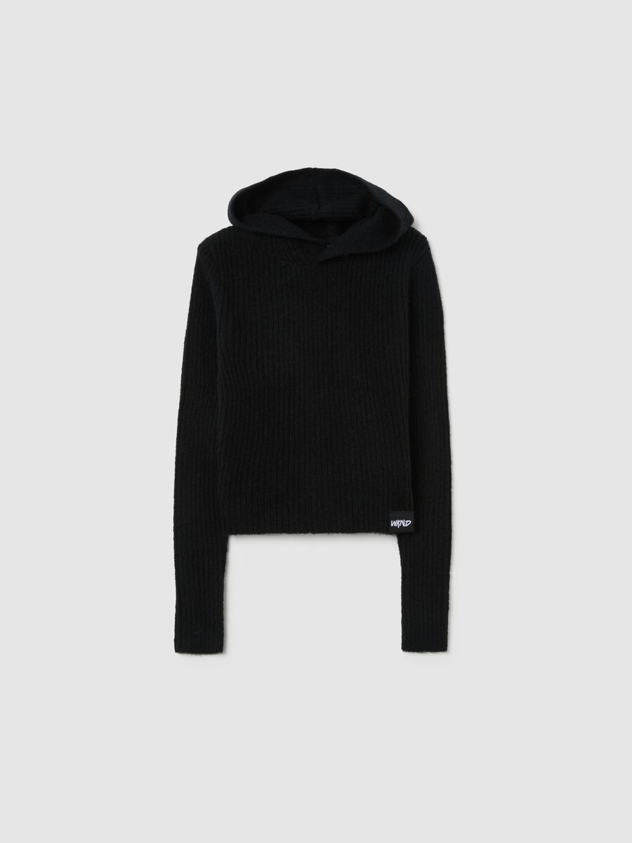 Maglione da ragazze in misto lana nero vestibilità fitted con cappuccio_3