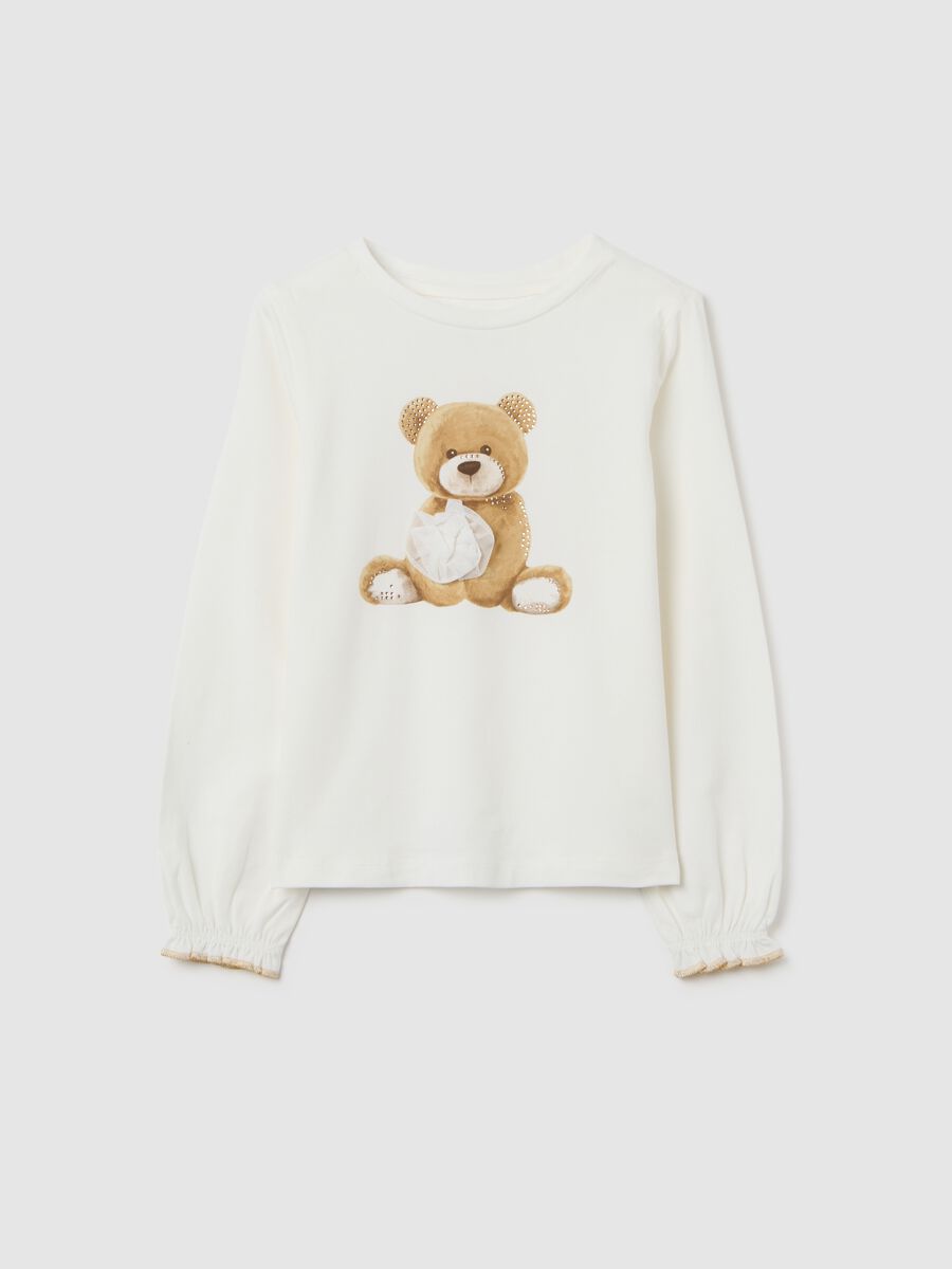 White stretch cotton girl's top with print_0