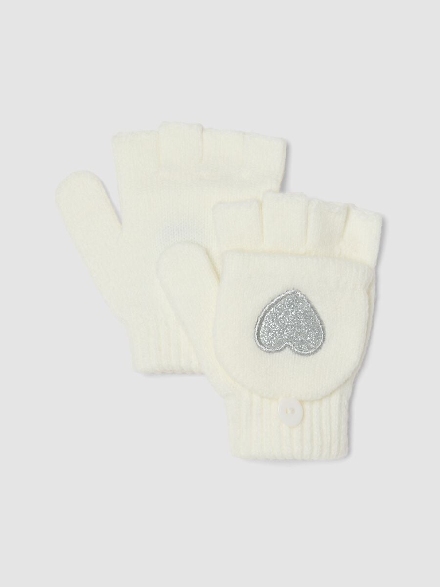 Cream White Stretch Fabric Gloves with Hearts_0