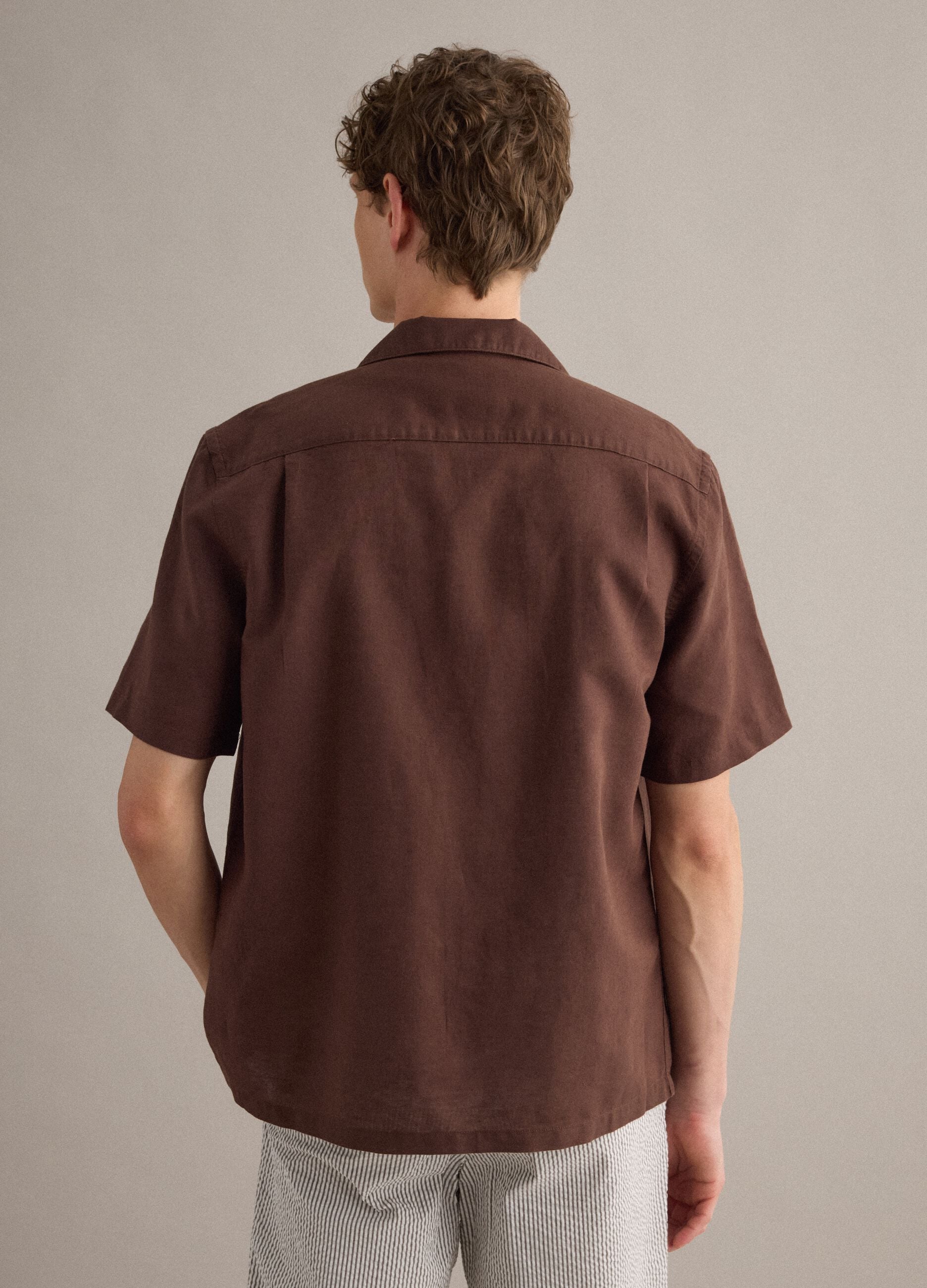 Brown linen-blend bowling-collar shirt