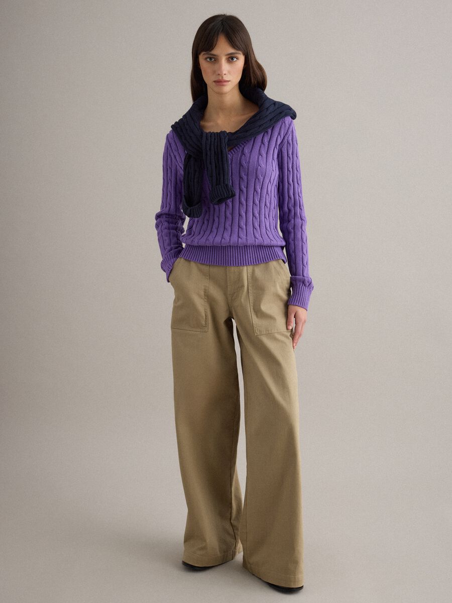 Purple pure cotton regular fit pullover with cable knit_1