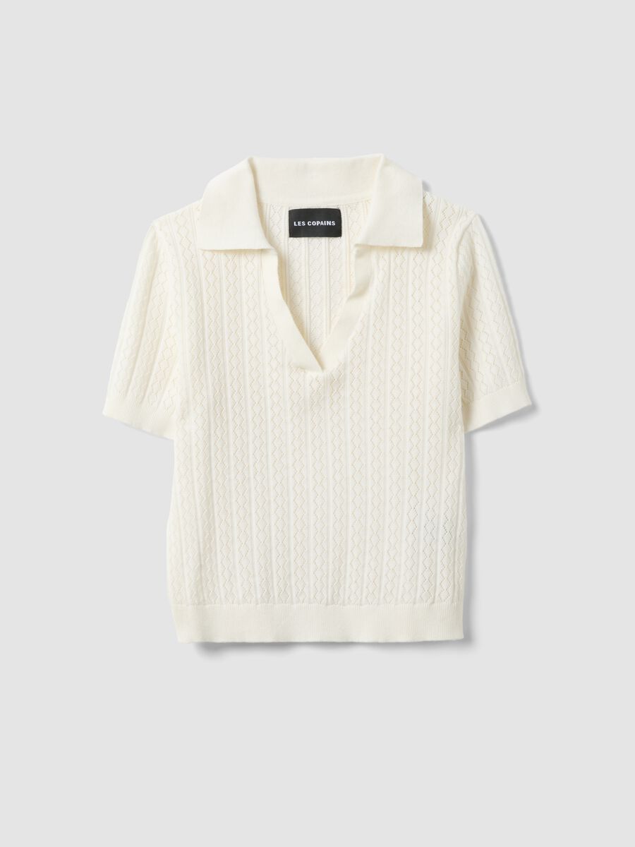 White cotton blend regular fit sweater with polo collar_4