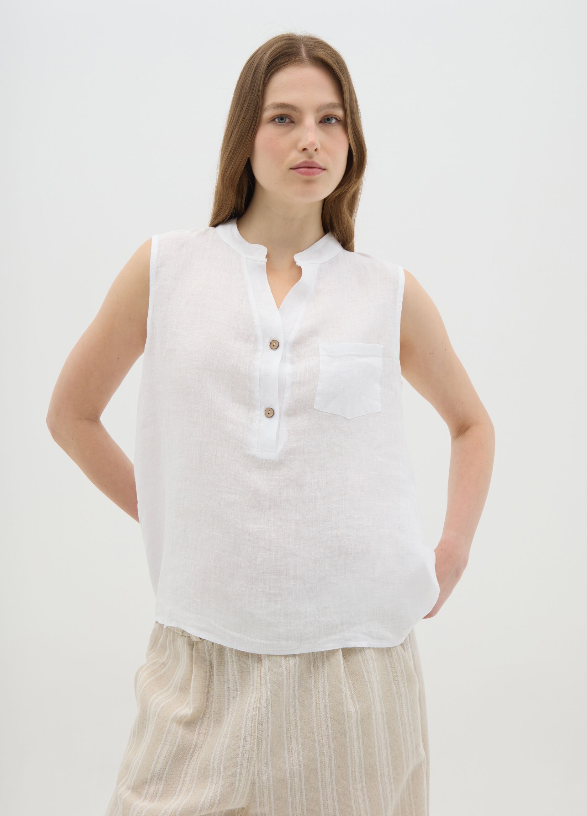 Women's white sleeveless linen blouse regular fit