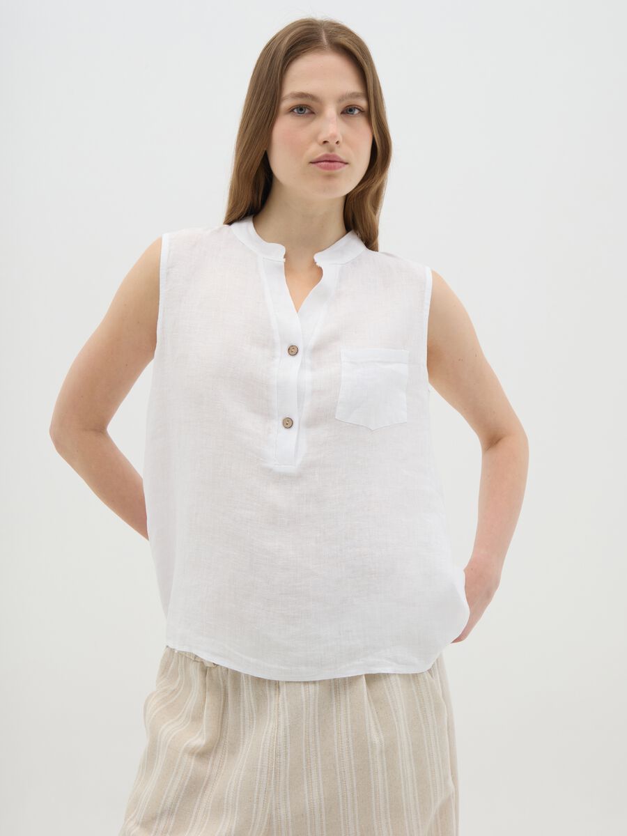 Women's white sleeveless linen blouse regular fit_0