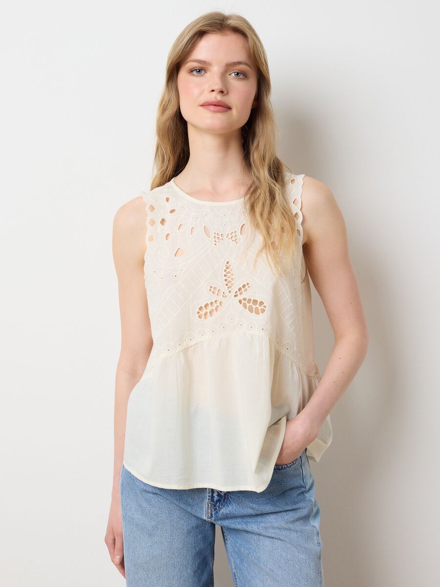 Women's top in pure beige cotton regular fit with embroidery_1