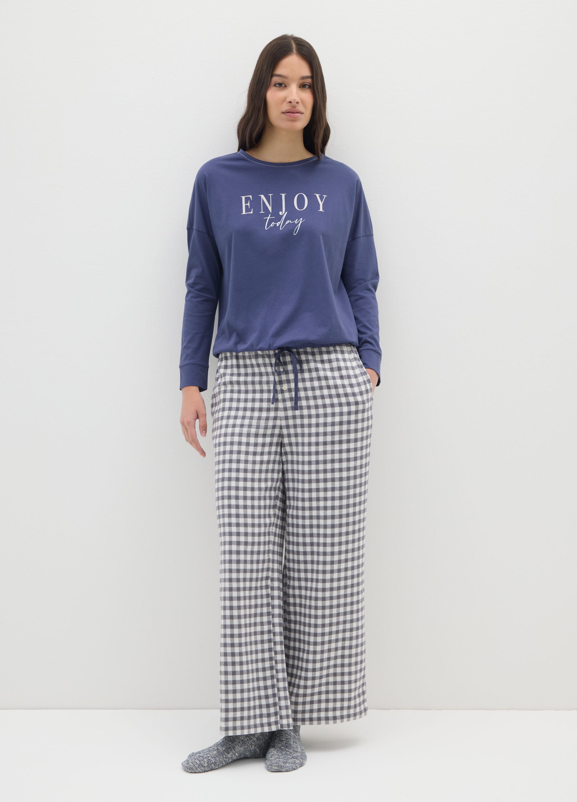 Multicolor plaid cotton and flannel pyjama trousers, regular fit