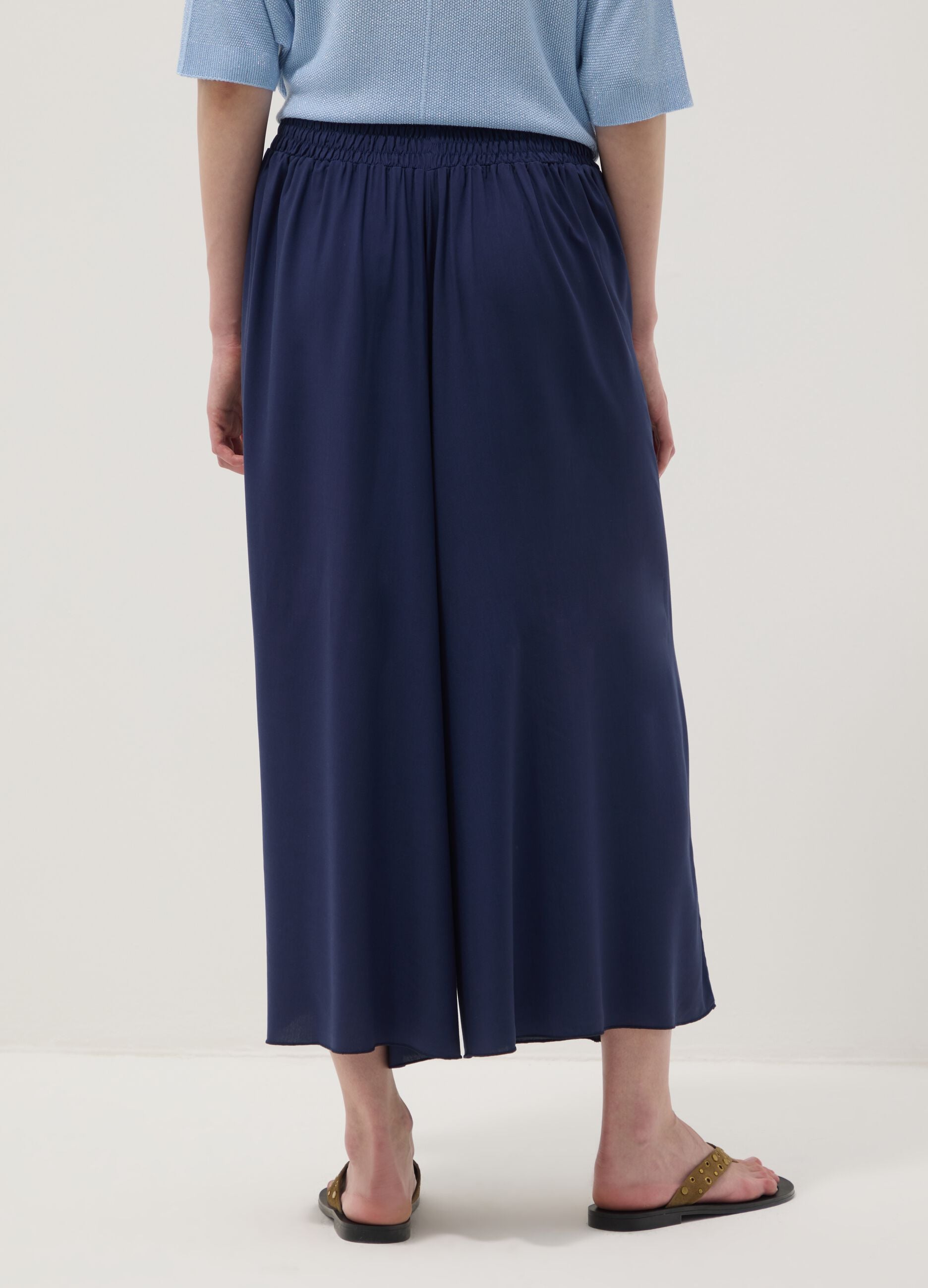 Wide blue pure-viscose trousers with elasticated waist, regular fit