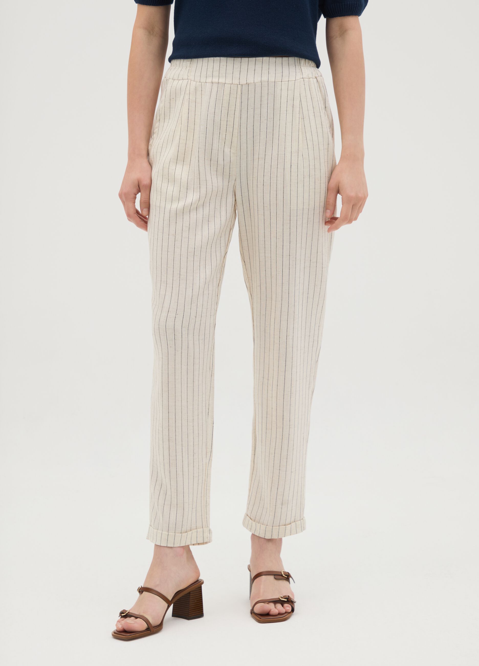 Women's white linen blend trousers regular fit