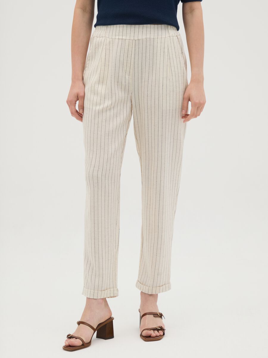 Women's white linen blend trousers regular fit_1