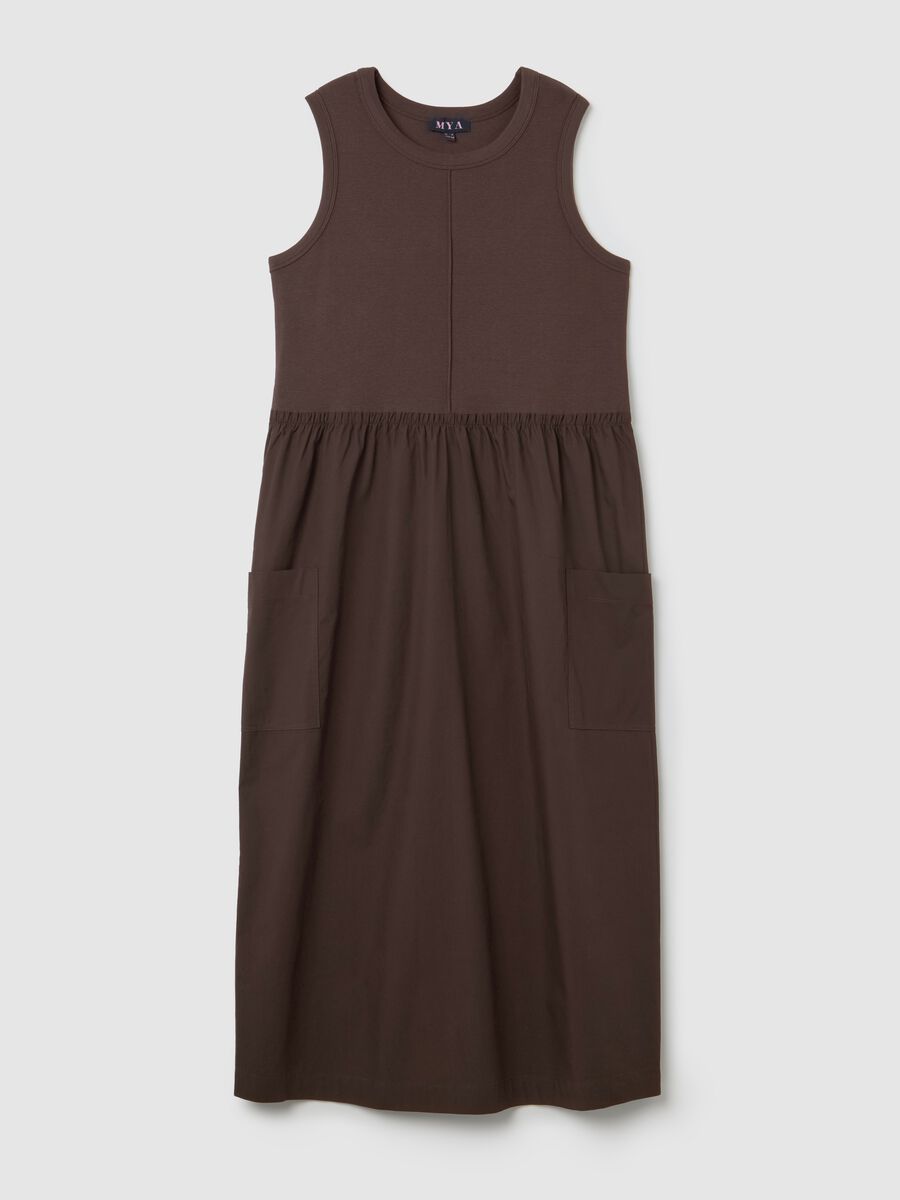 Long sleeveless brown dress in stretchy cotton_4