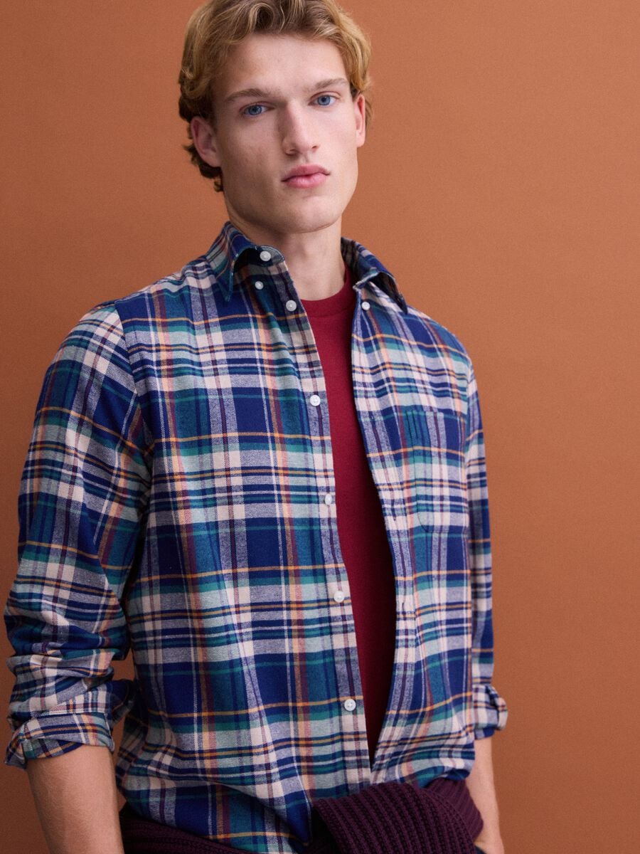 Camicia flanella blu e verde a quadri in puro cotone regular fit_0