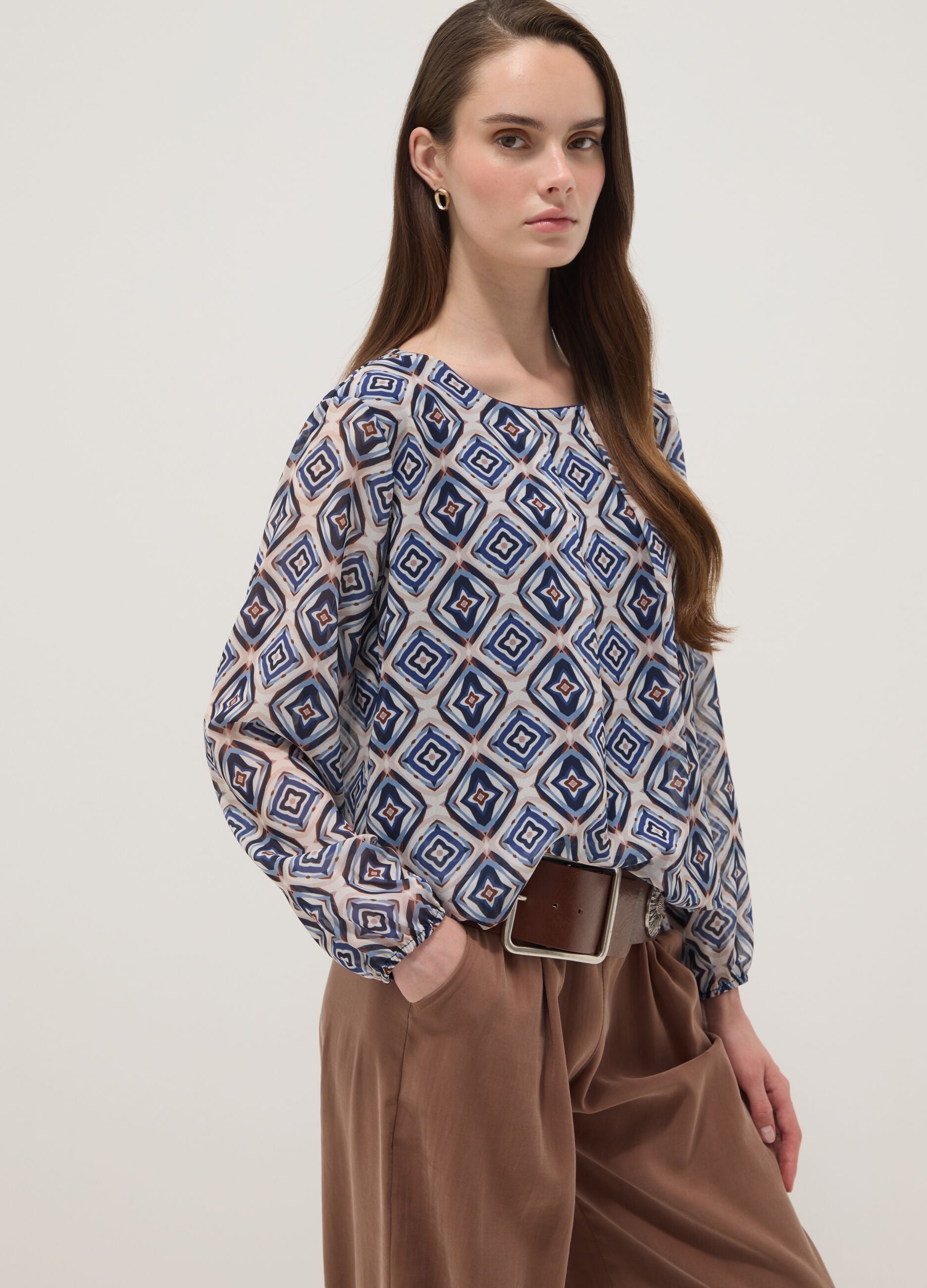 Multicoloured patterned blouse with long sleeves, regular fit