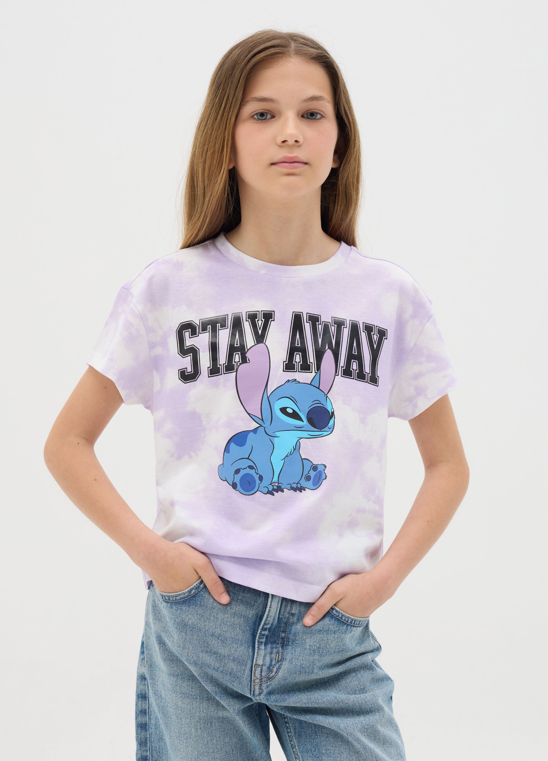 Girls' regular fit purple cotton T-shirt with Stitch print