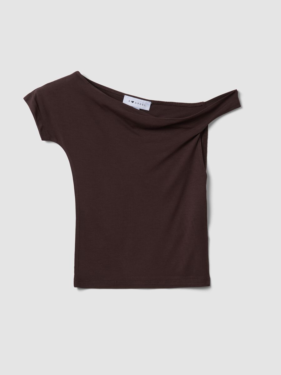 Brown stretch viscose T-shirt with Bardot neckline_4