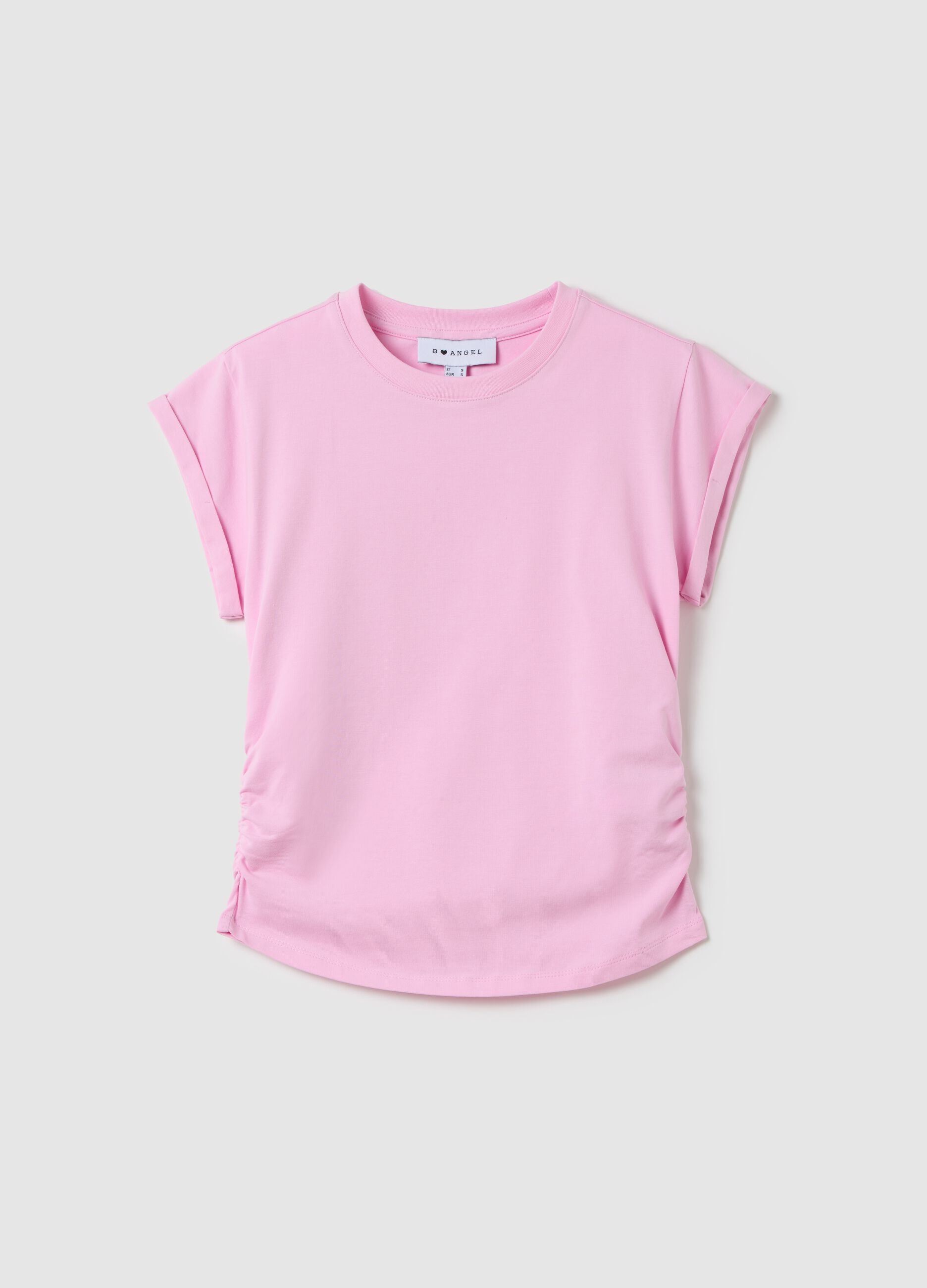 Pink slim-fit T-shirt with gathering on the side