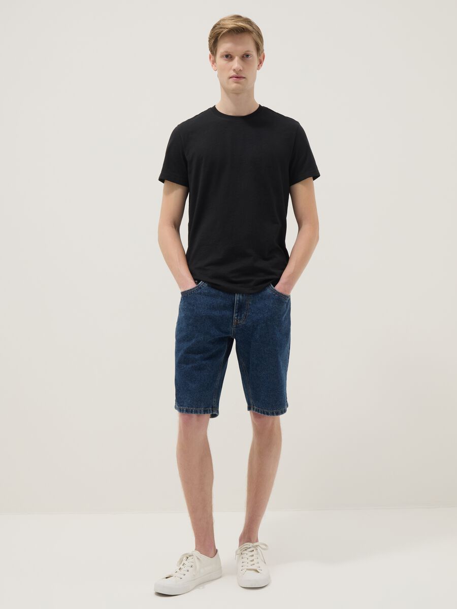 Slim Fit Blue Denim Cotton Blend Shorts_0