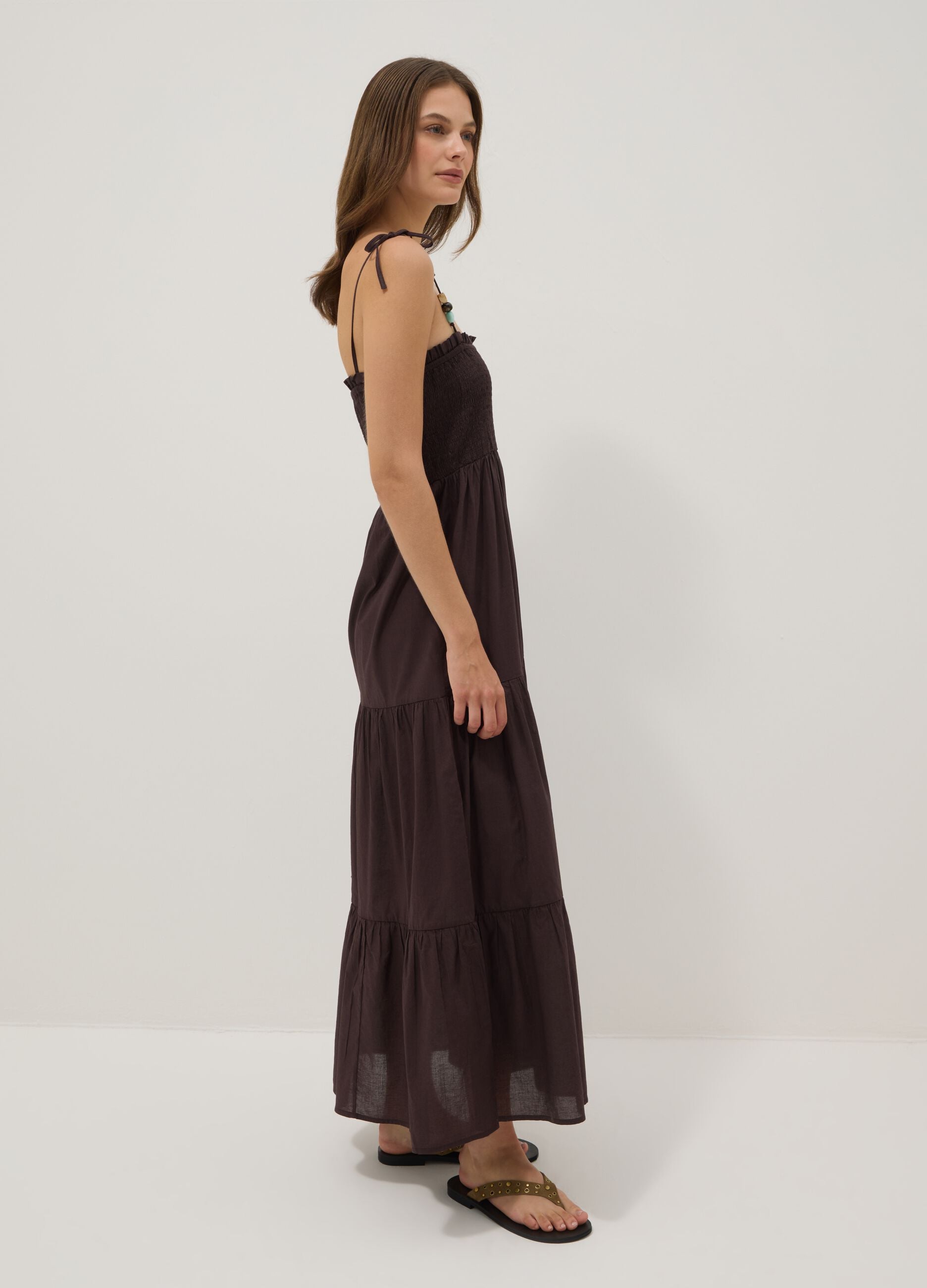 Long brown pure cotton kaftan with thin straps