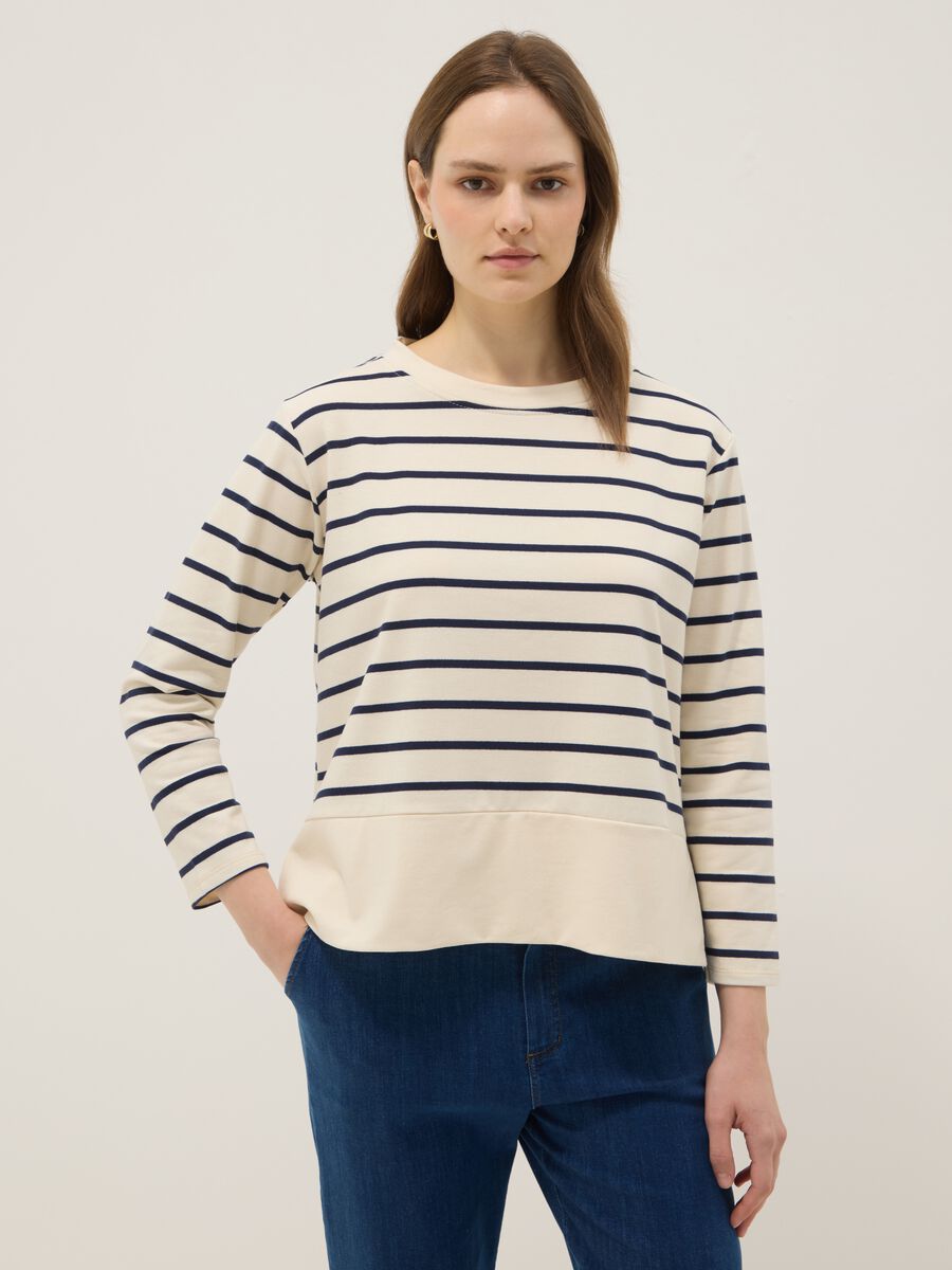 Maglia bianca a righe blu in cotone elasticizzato regular fit_0