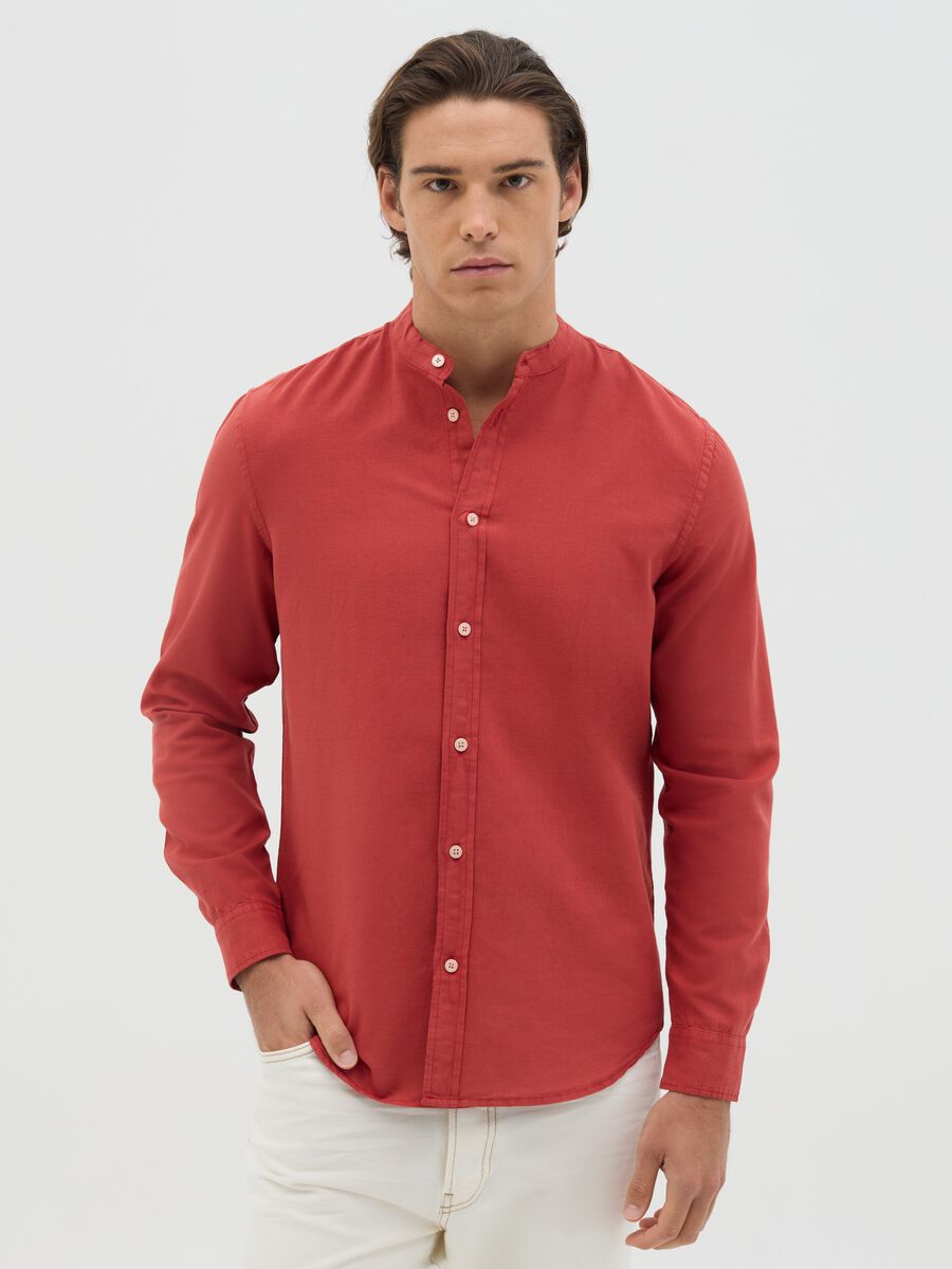 Red Cotton and Linen Korean Collar Shirt_0