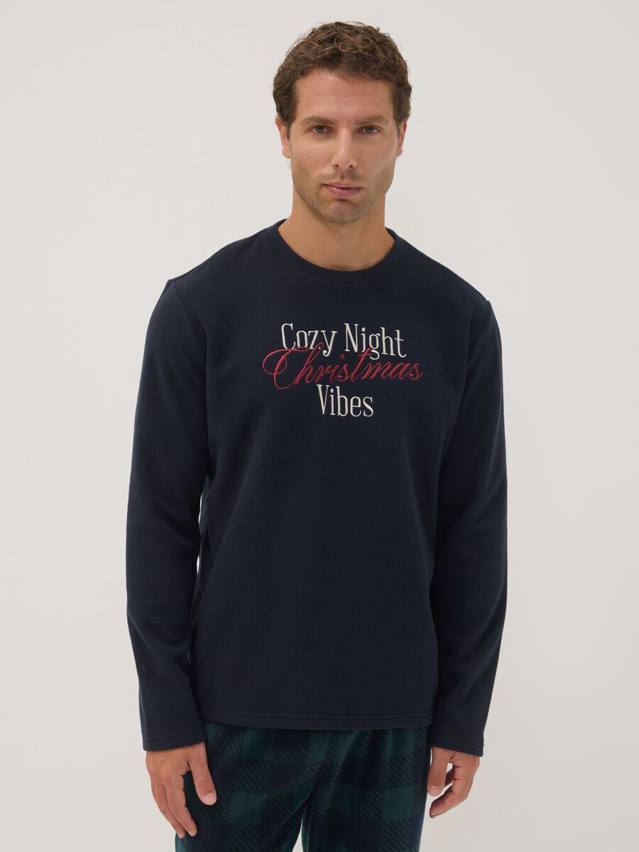 Pigiama blu navy lungo con girocollo e pantaloni a quadri_1