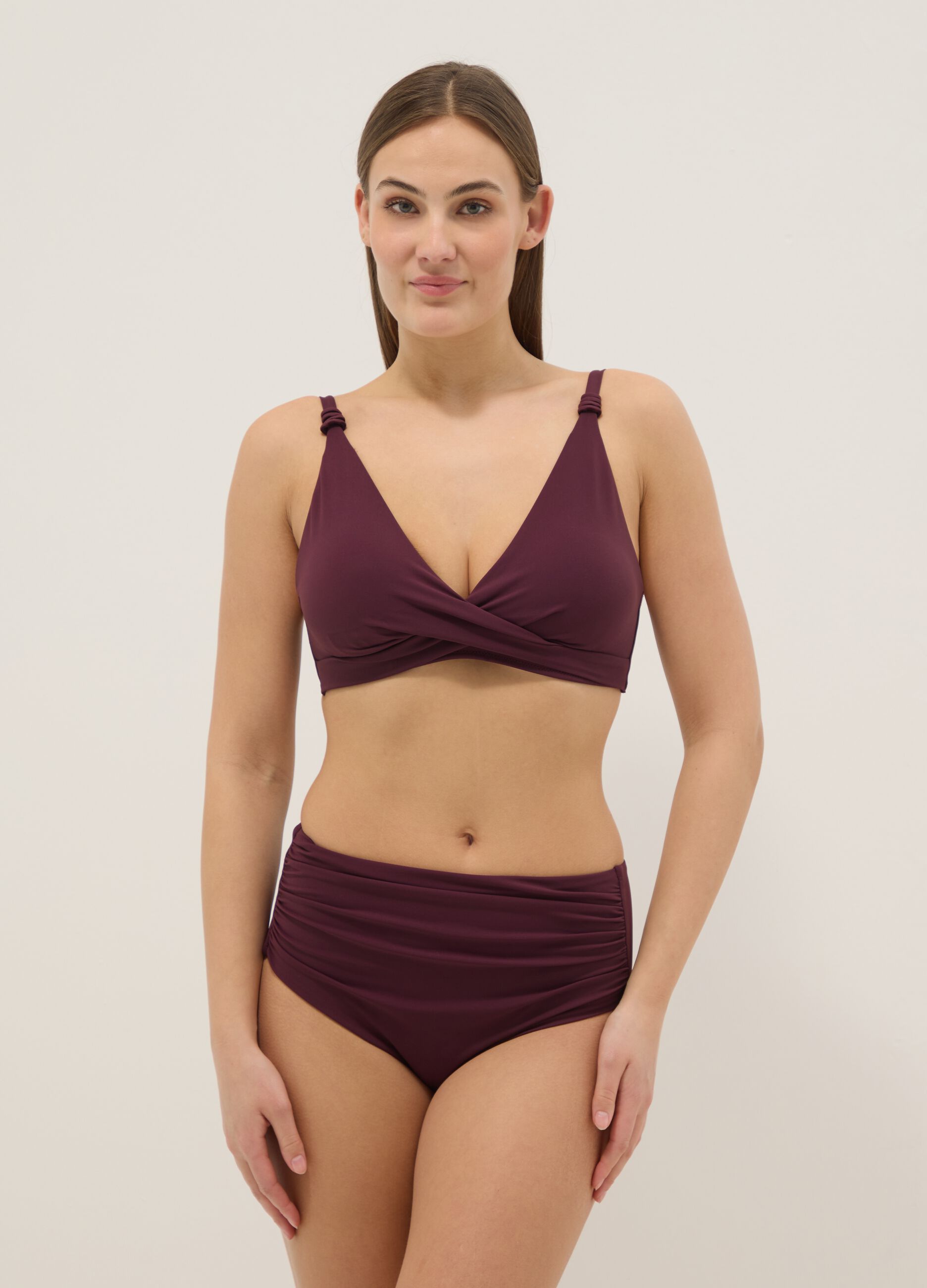 Purple high-waist stretch bikini bottoms with shaping effect