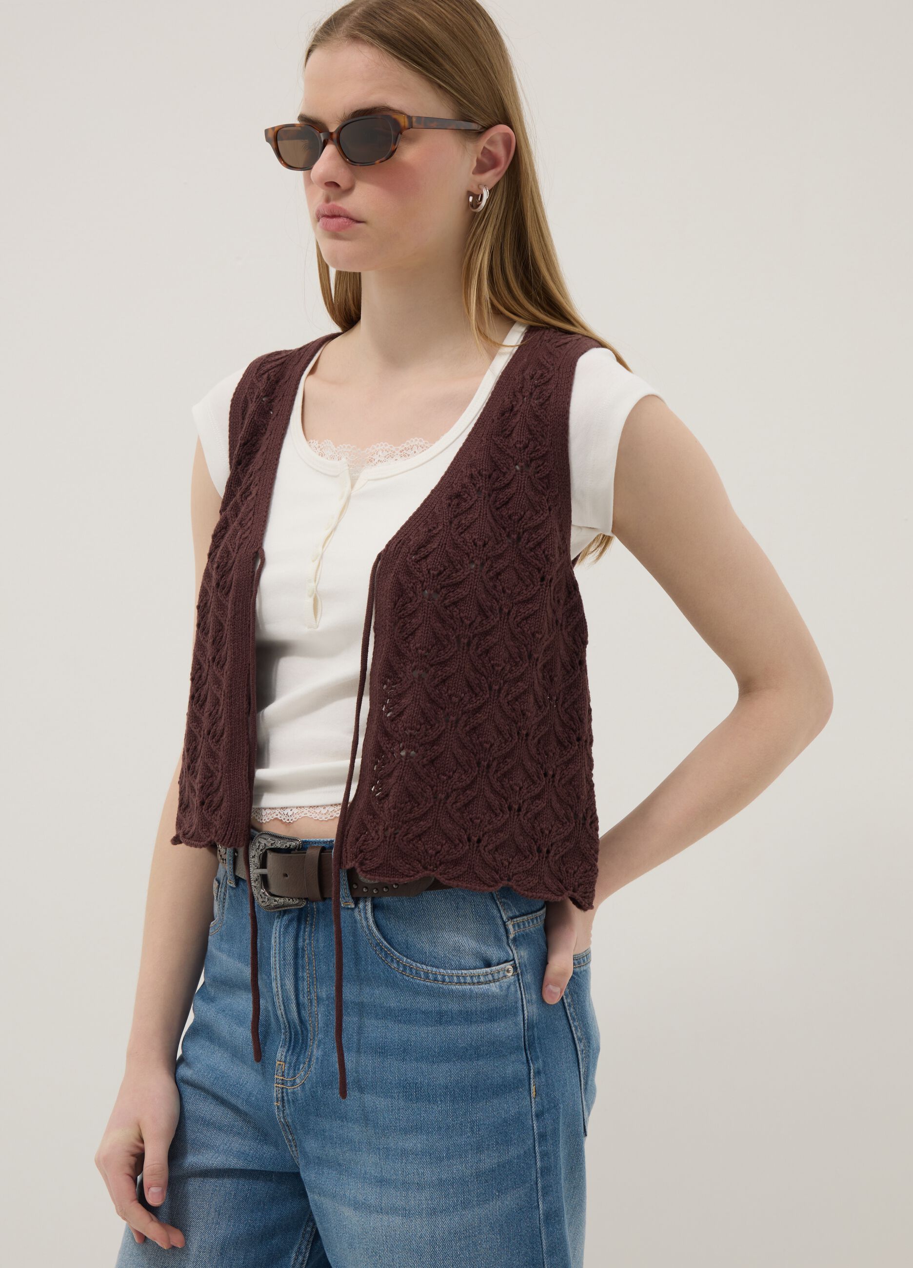 Brown pure cotton regular-fit waistcoat with tie fastening and deep V-neck