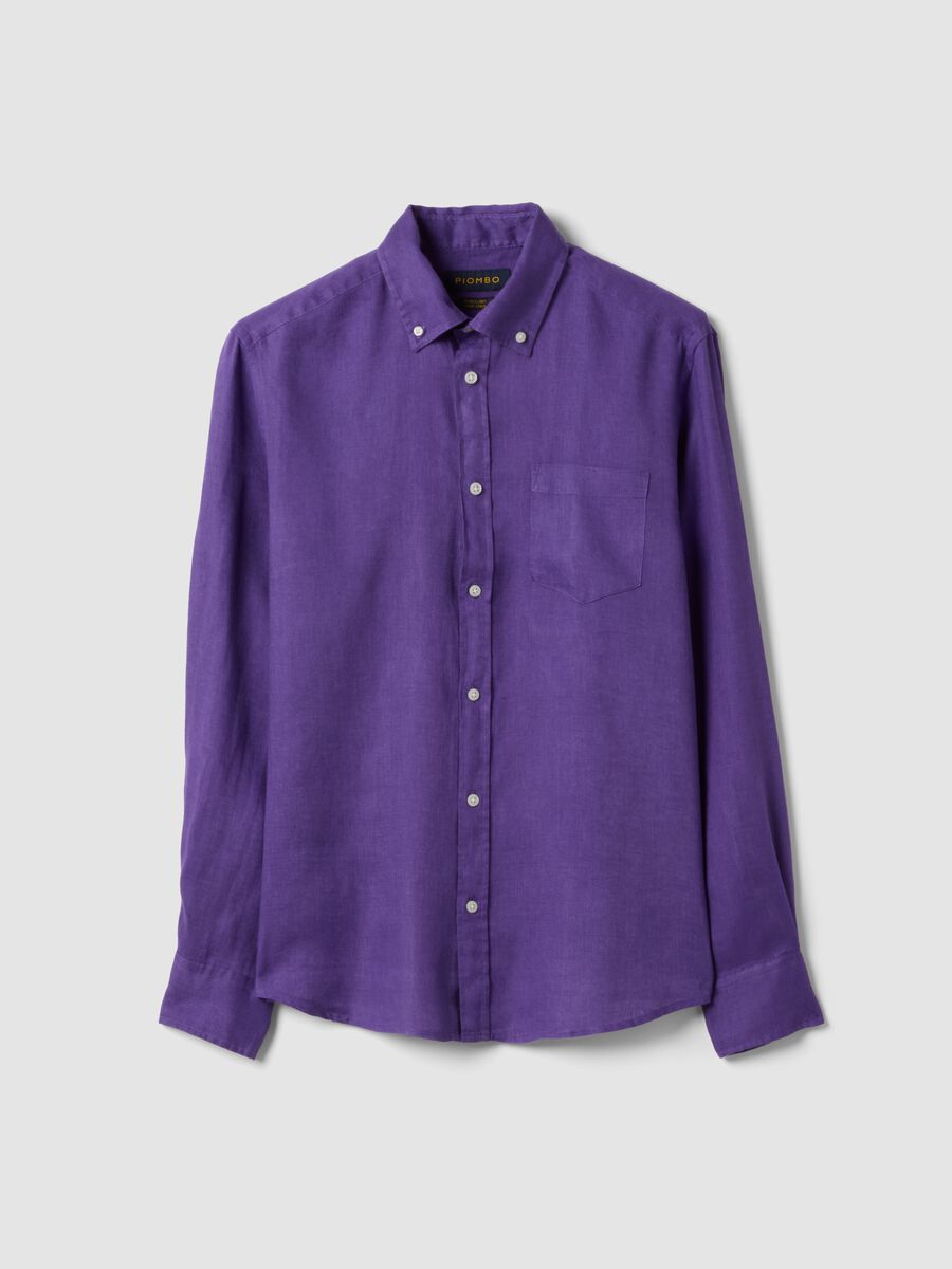 Camicia viola in puro lino con colletto button down regular fit_0