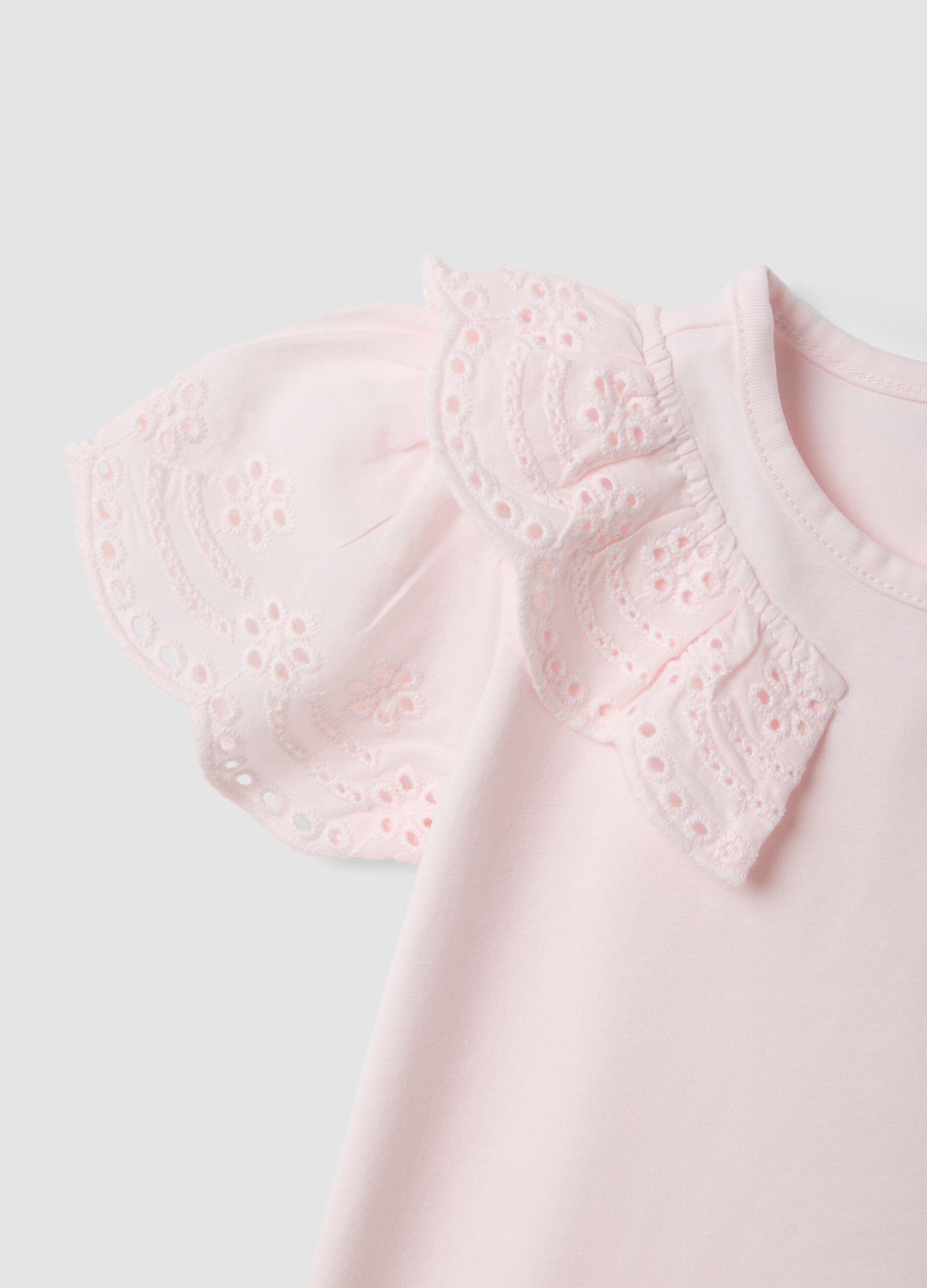 Pink short-sleeve stretch cotton T-shirt with broderie anglaise embroidery