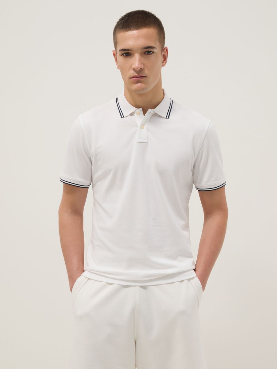 White stretch cotton polo shirt, regular fit_0