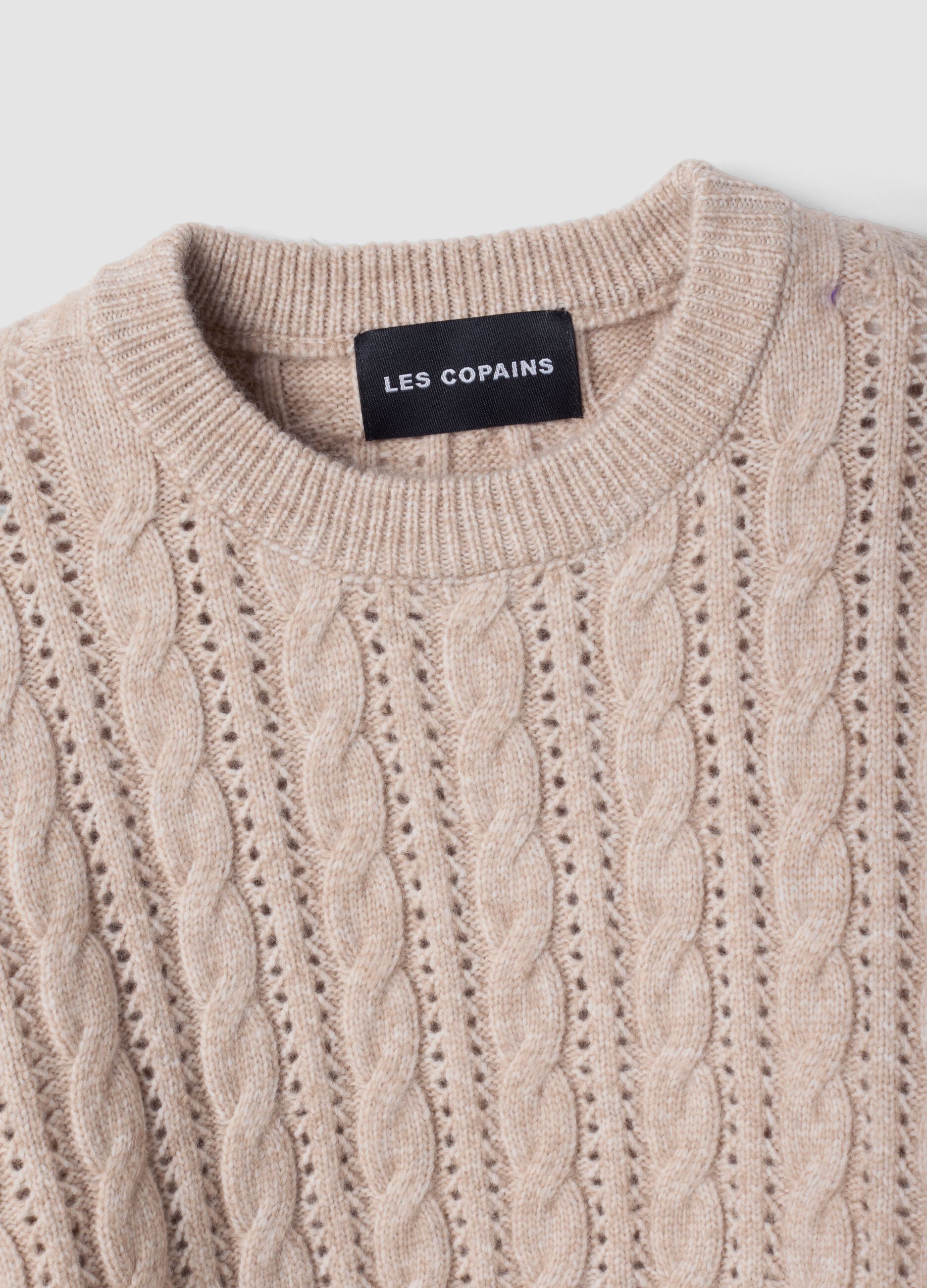 Beige cable-knit wool-blend crew-neck jumper, regular fit