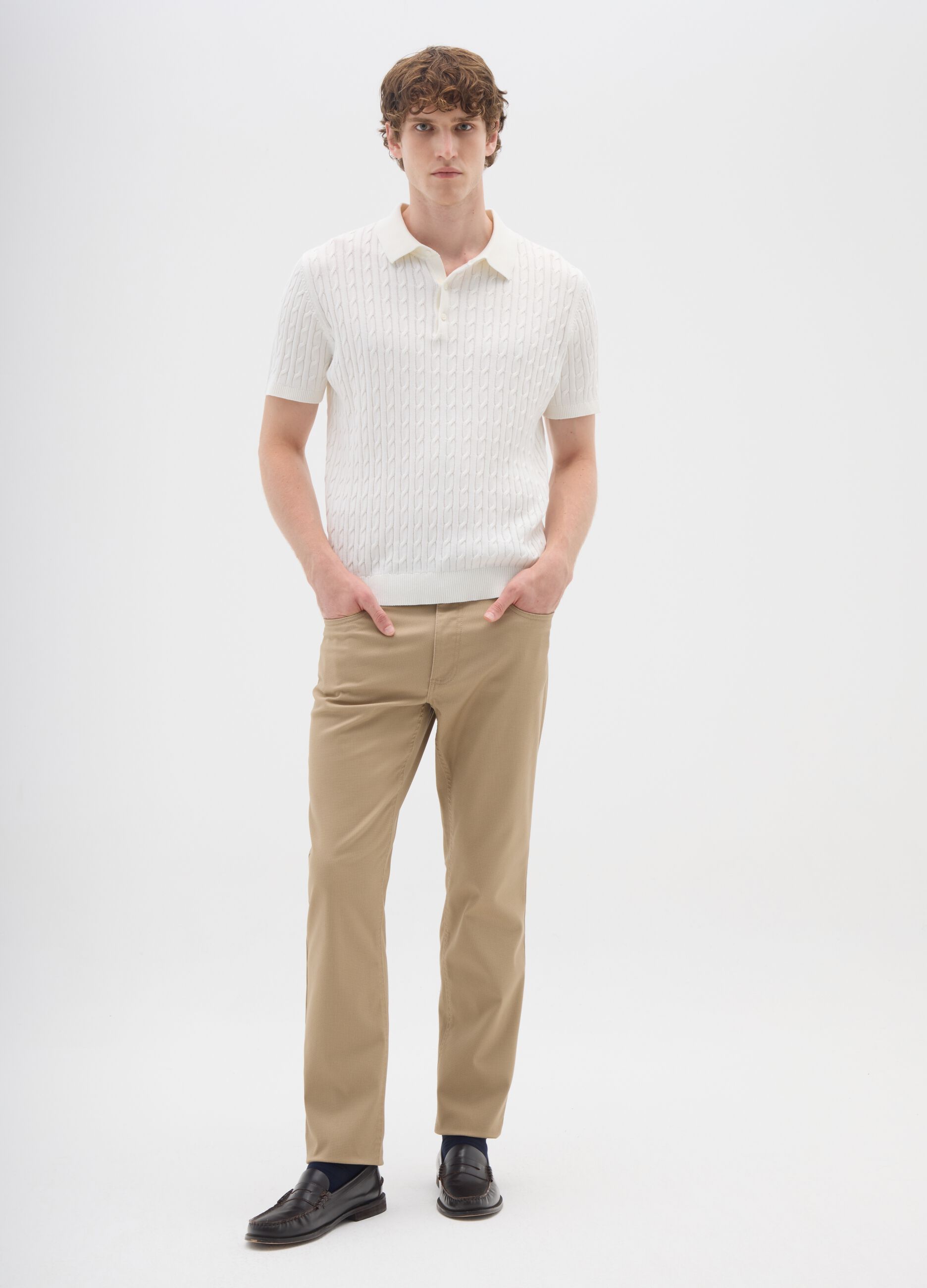 Beige slim fit cotton blend trousers