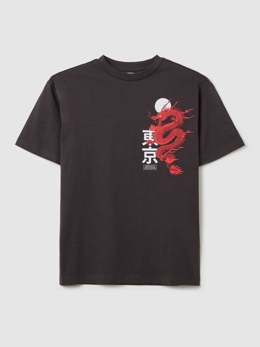 Cotton T-shirt with ideograms and dragon print_0