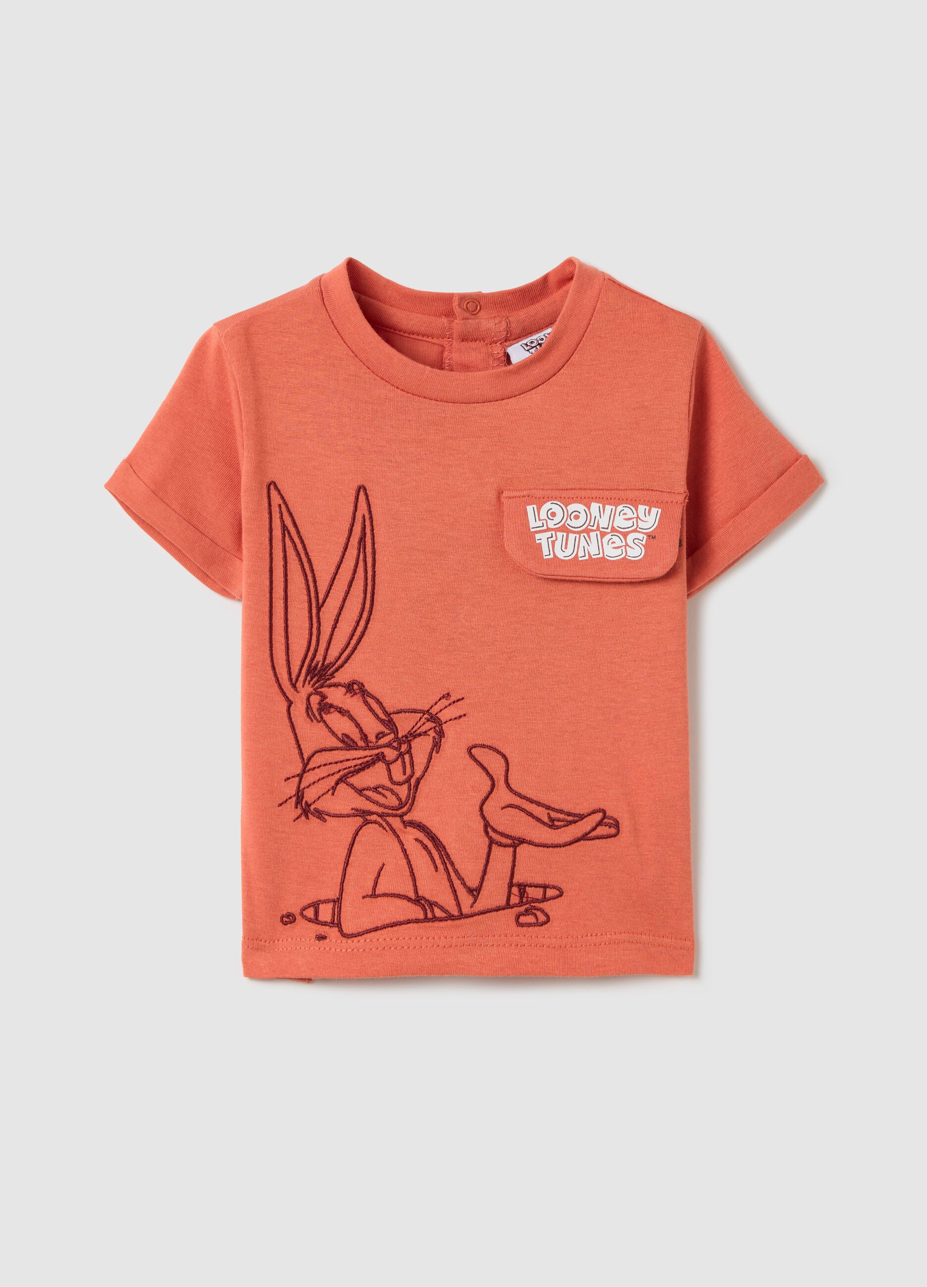 Orange T-shirt with Bugs Bunny embroidery in organic cotton