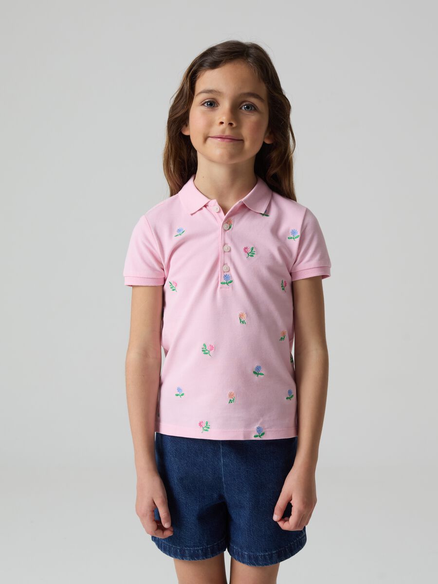 Piquet polo shirt with floral embroidery_0