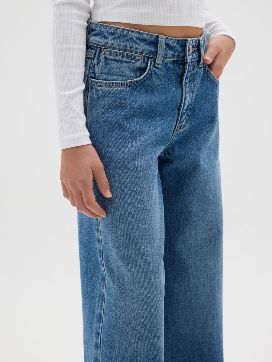 Jeans da ragazza in puro cotone blu a gamba larga_3