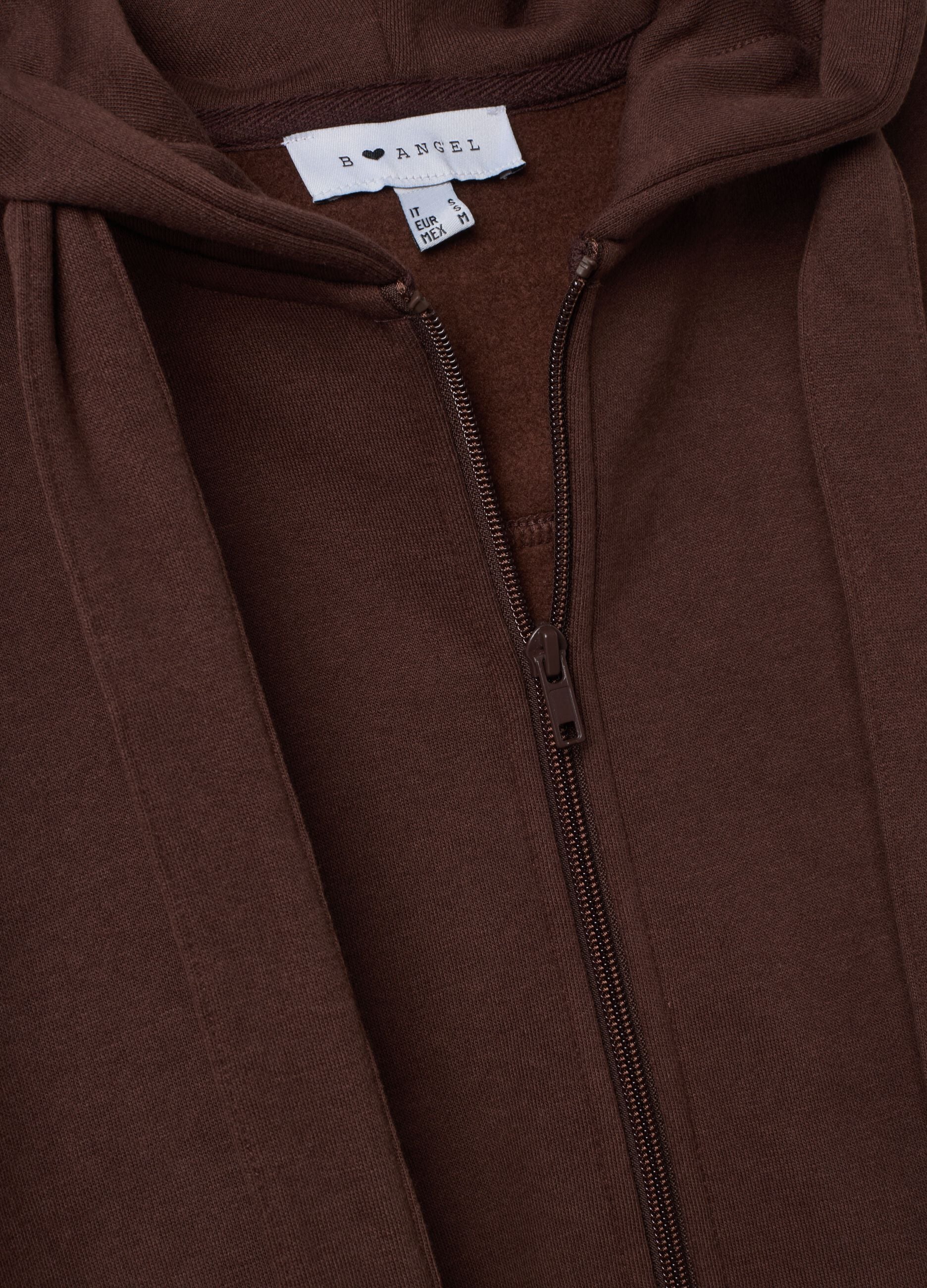 Brown hoodie with tied drawstring, relaxed fit